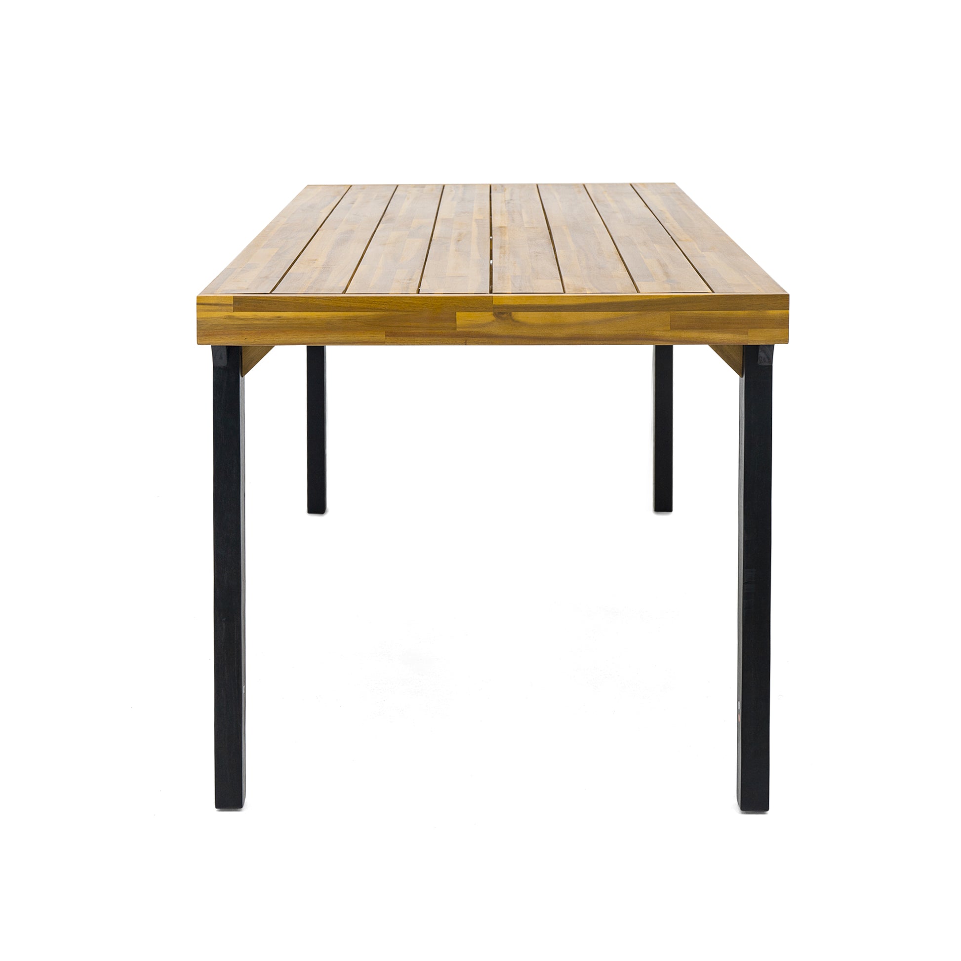 Rectangular wood plank dining table with black metal legs