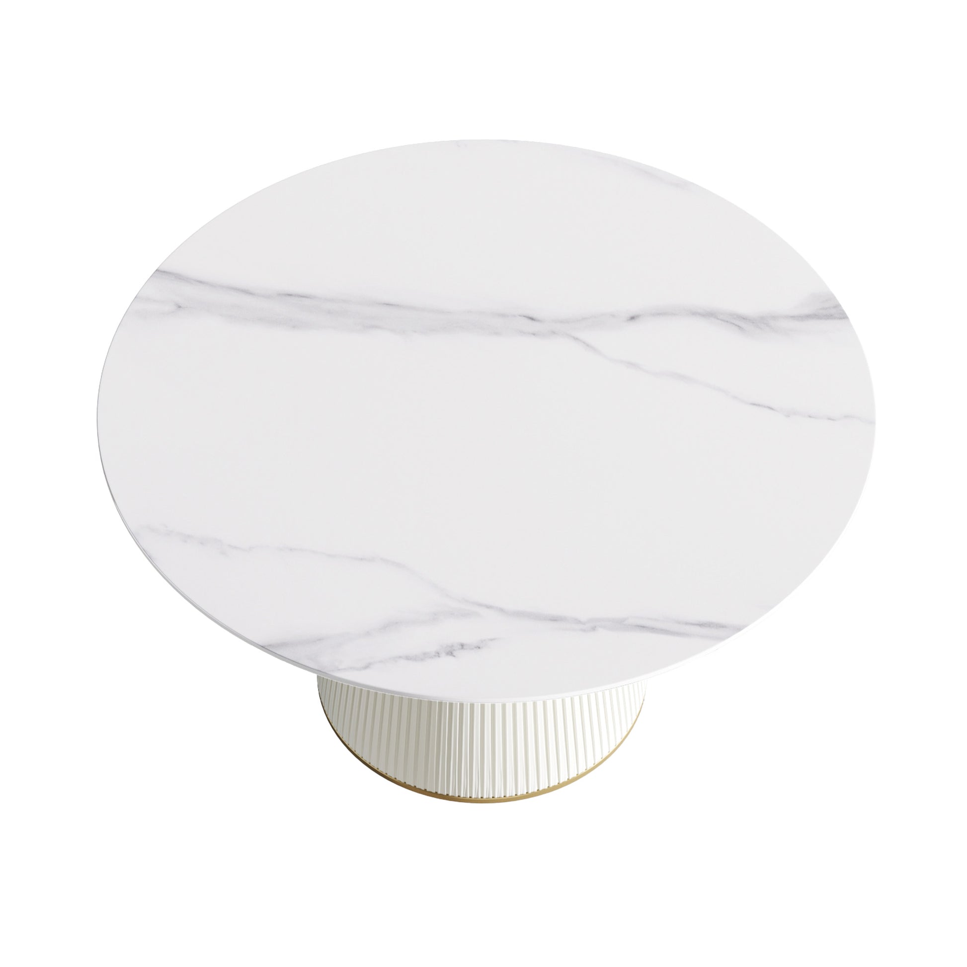 Round white marble coffee table with fluted pedestal base