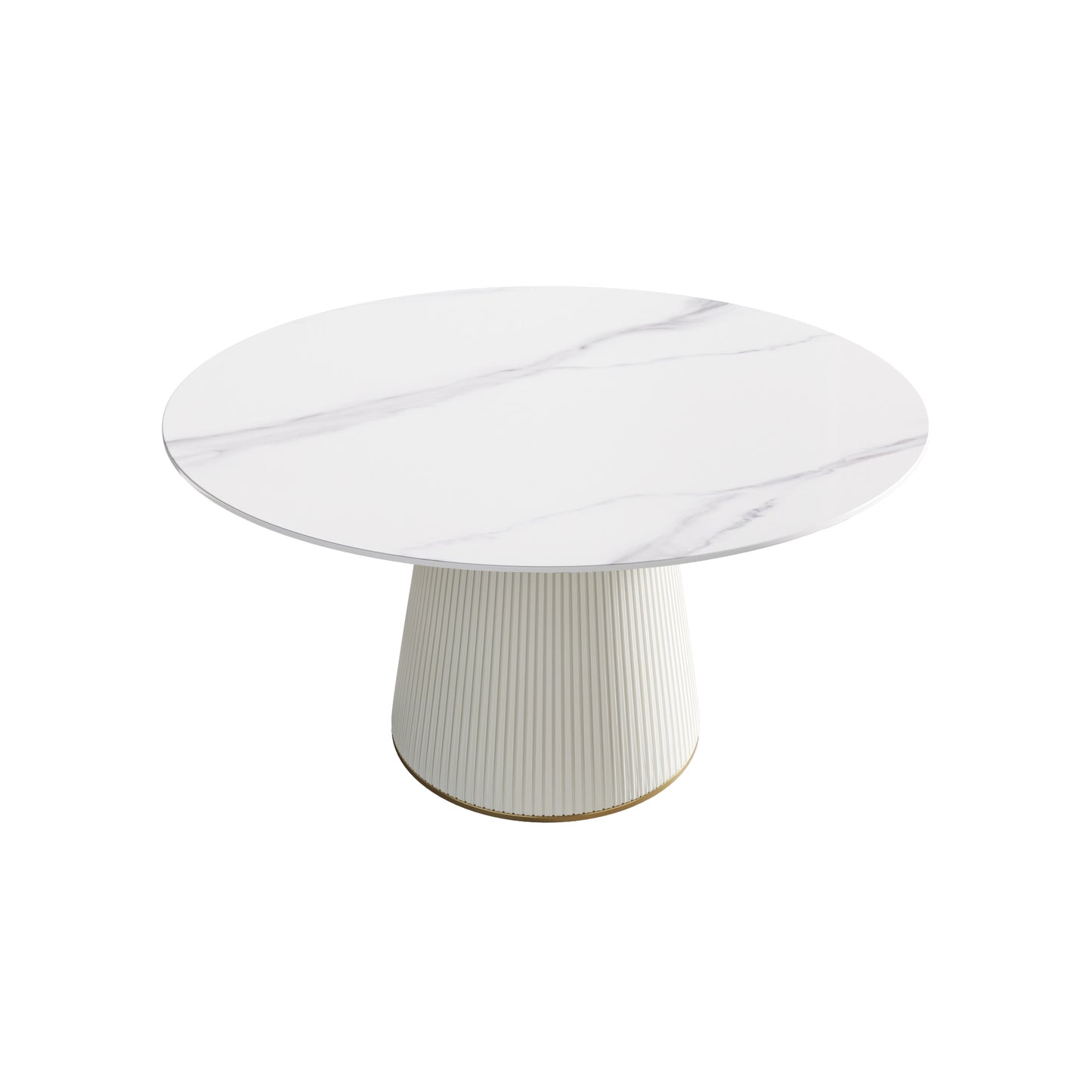 White marble top round dining table with fluted pedestal base