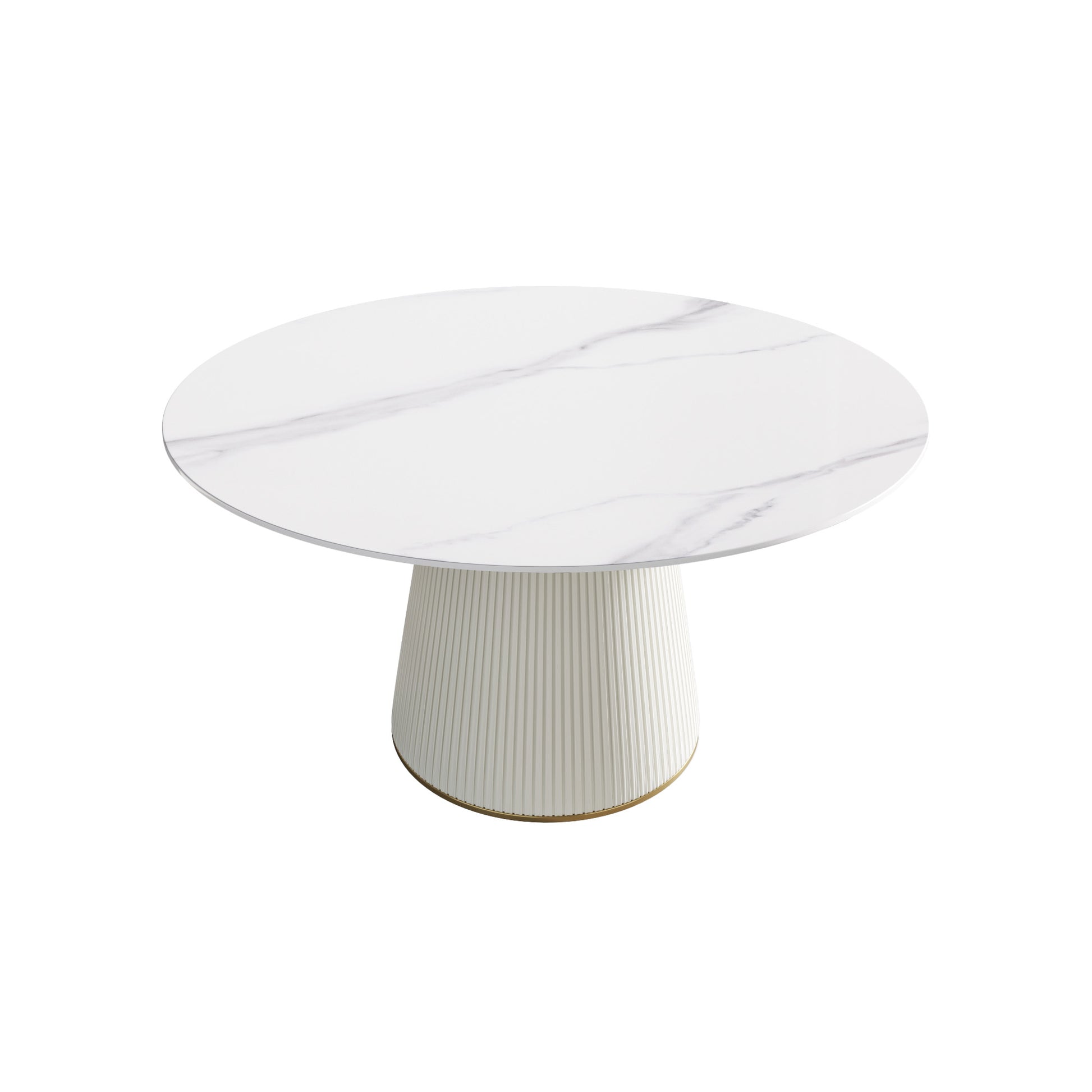 White marble top round dining table with fluted pedestal base