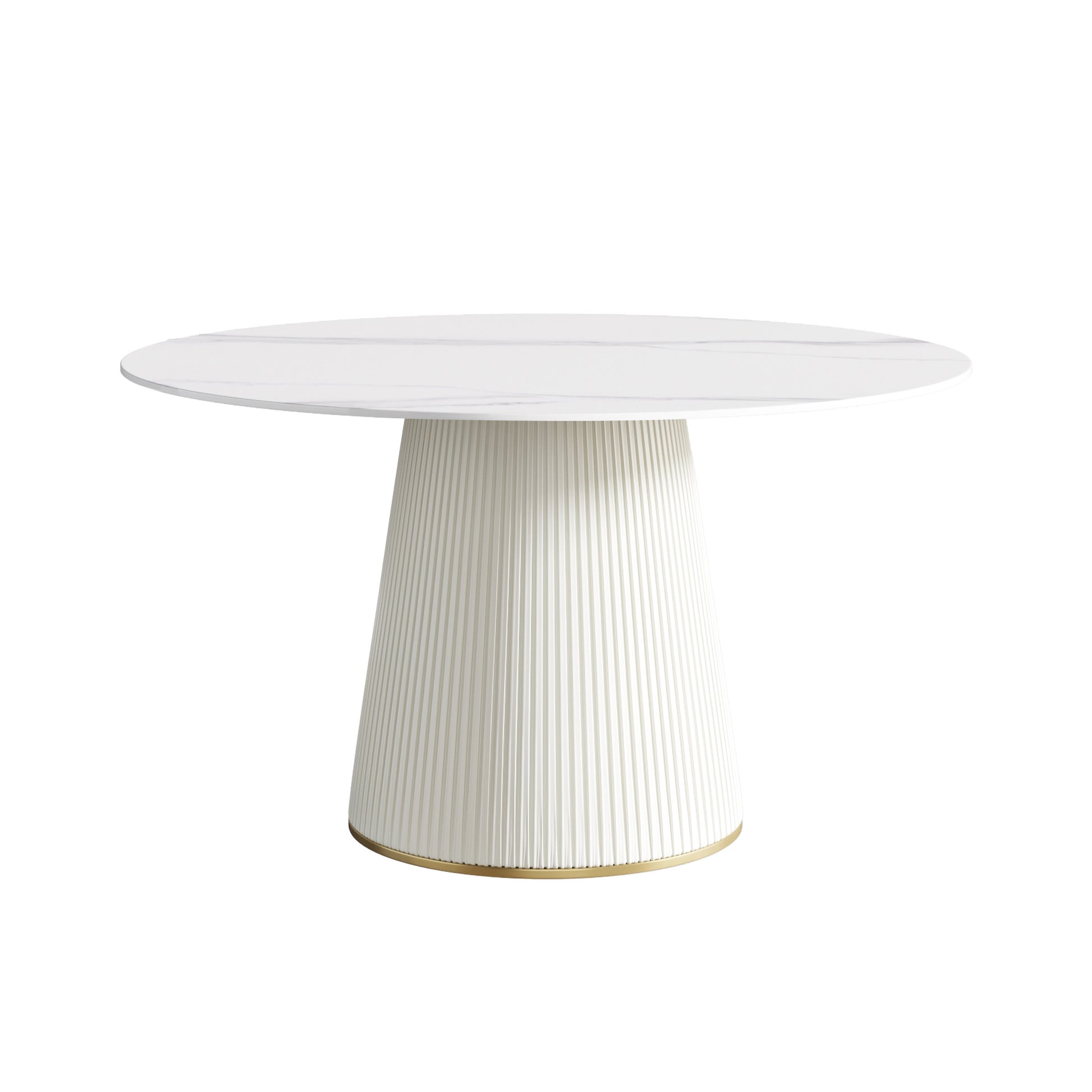 White marble top round dining table with pleated pedestal base and gold trim