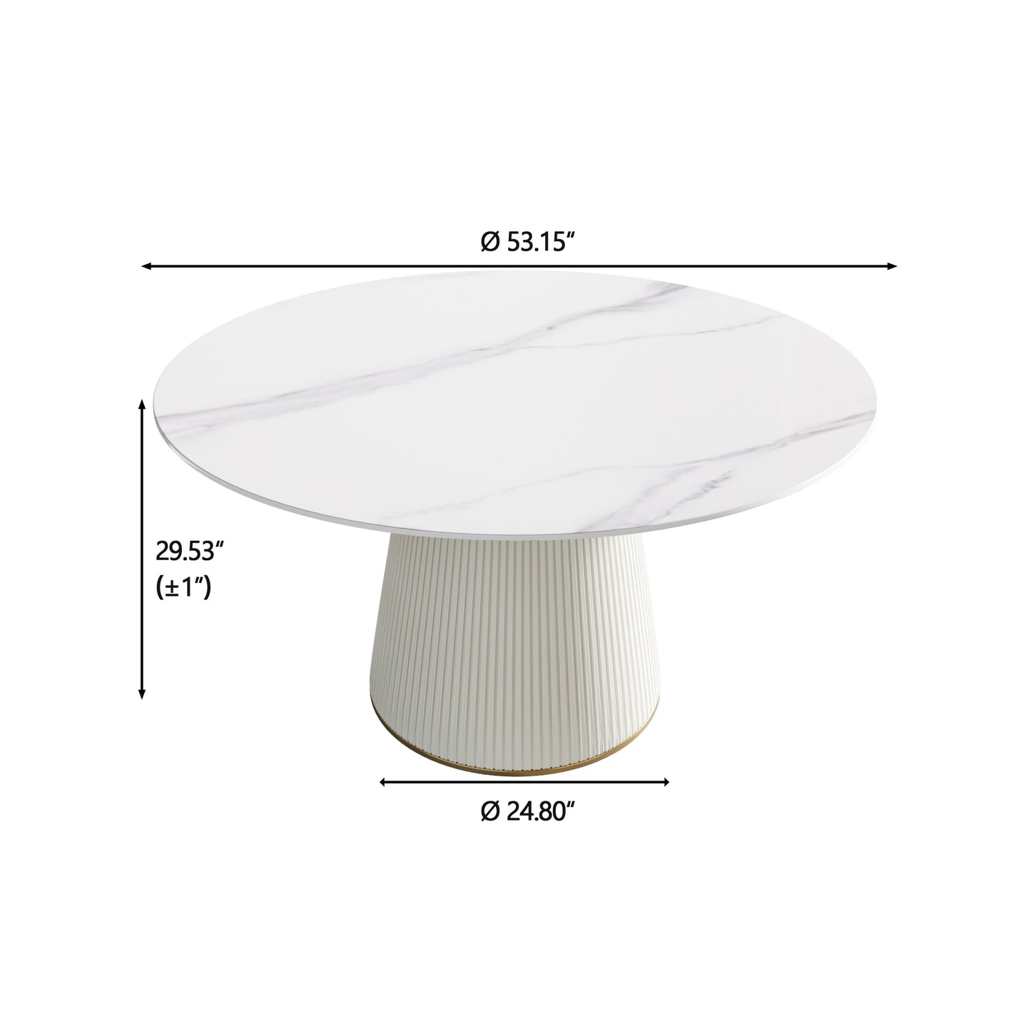 White marble top round dining table with fluted base and gold accent