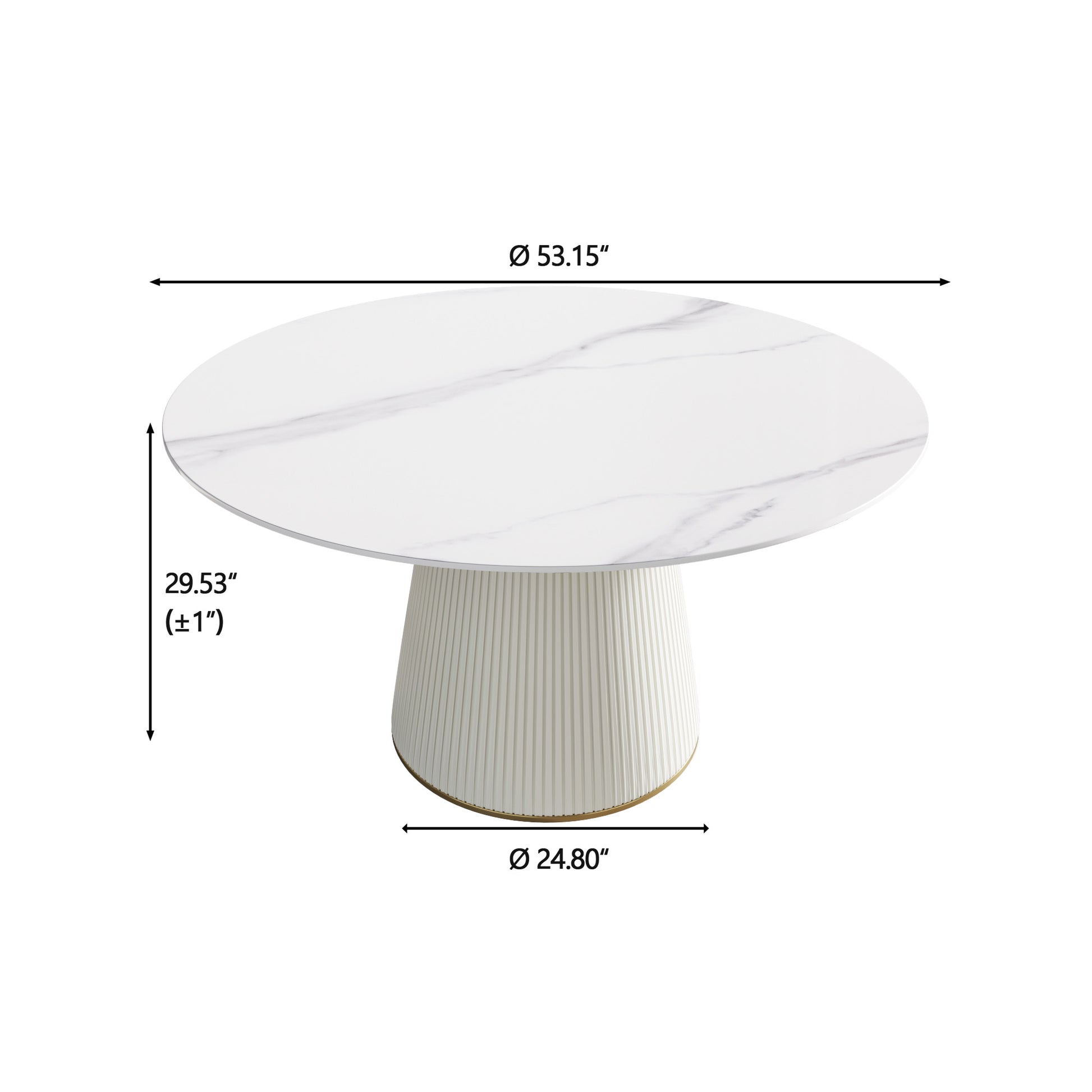 White marble top round dining table with fluted base and gold accent