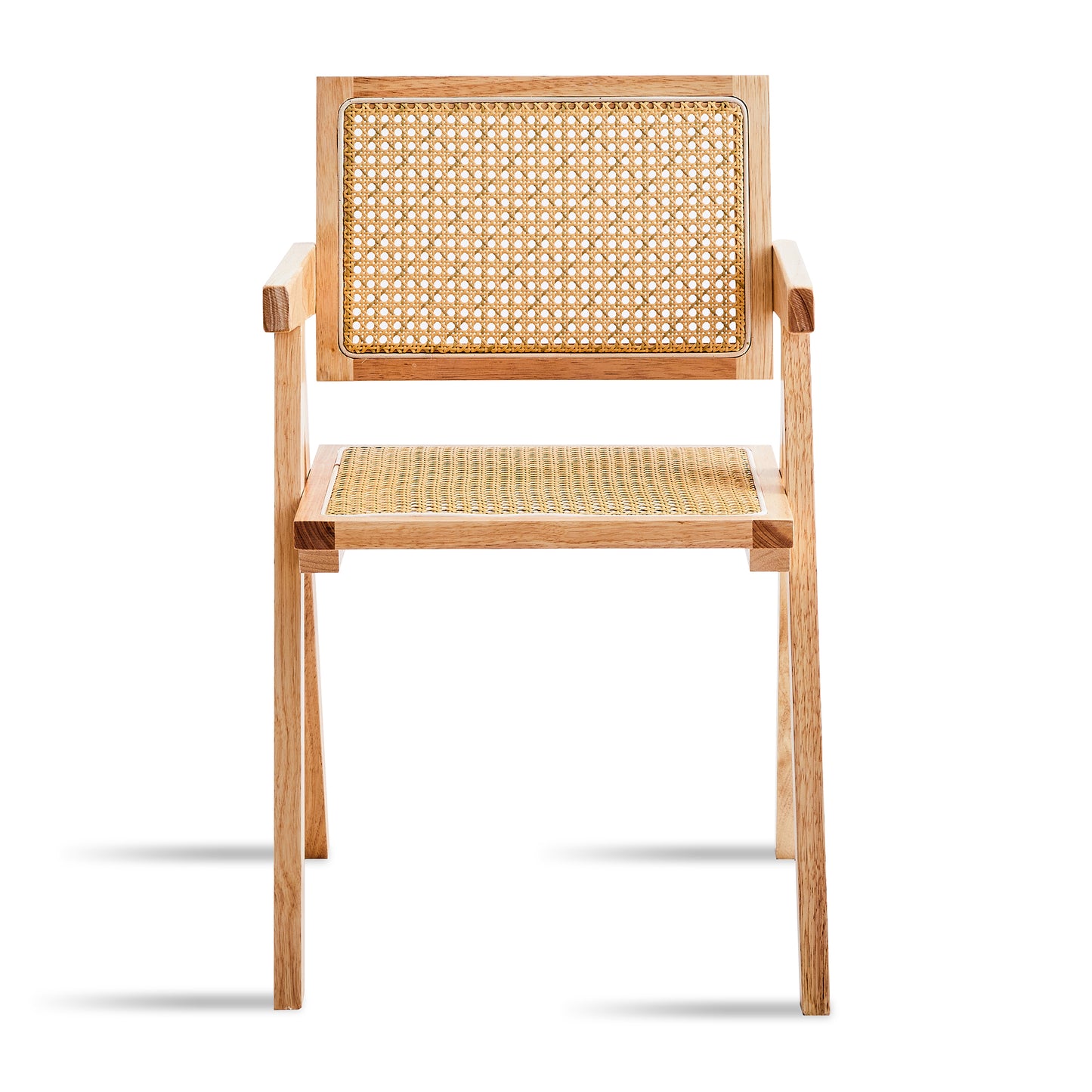 Natural wood armchair with woven cane seat and back