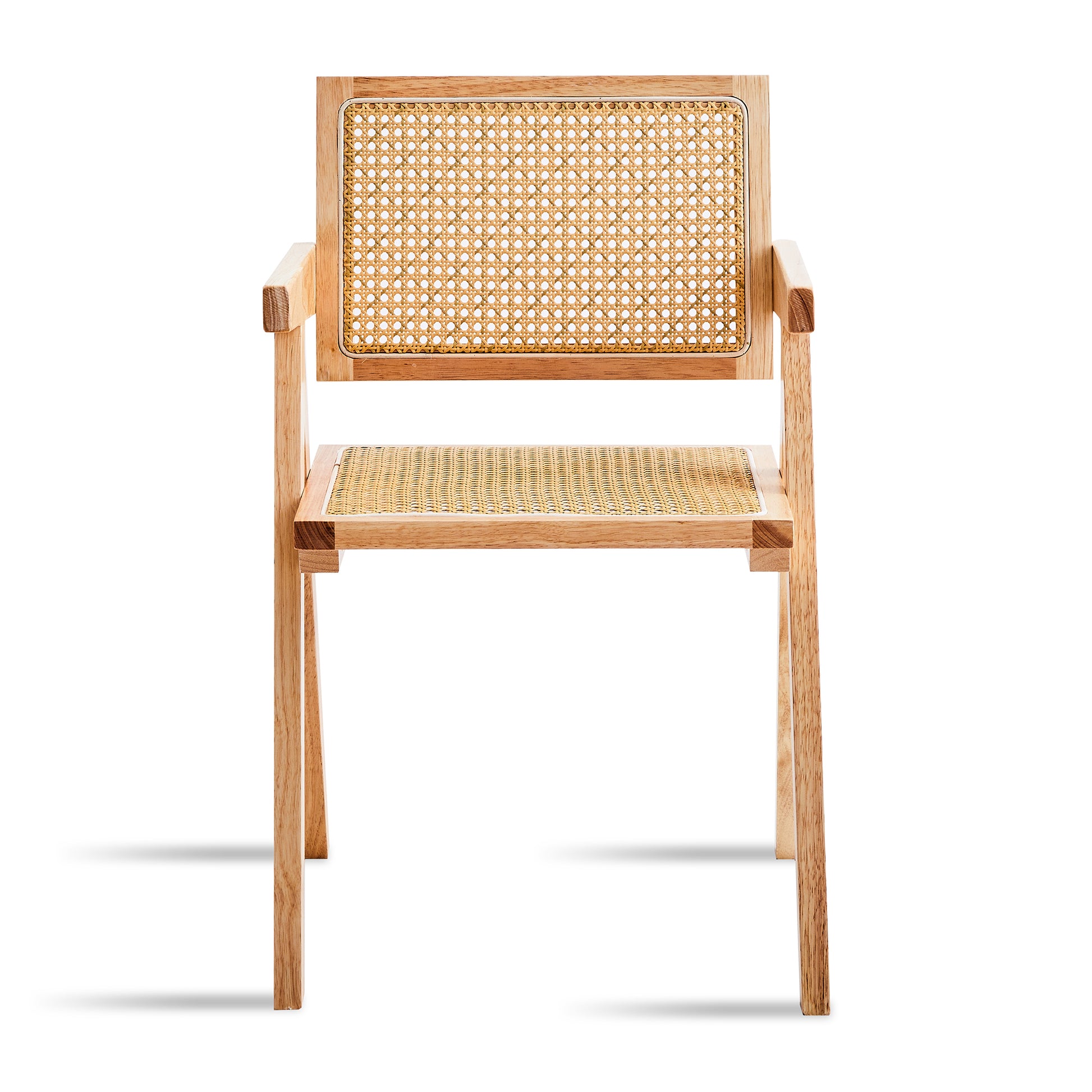 Natural wood armchair with woven cane seat and back