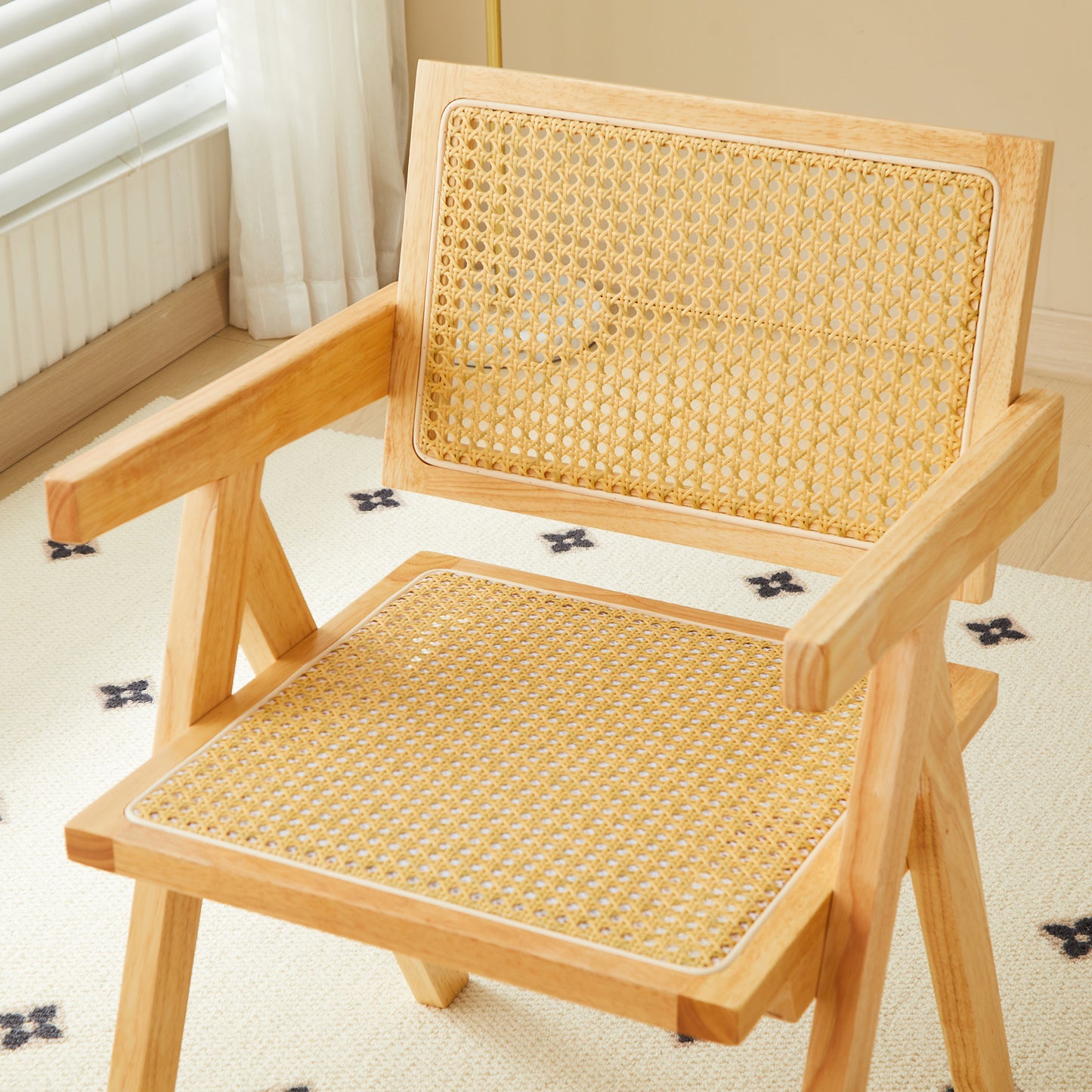 Wooden frame accent chair with woven rattan seat