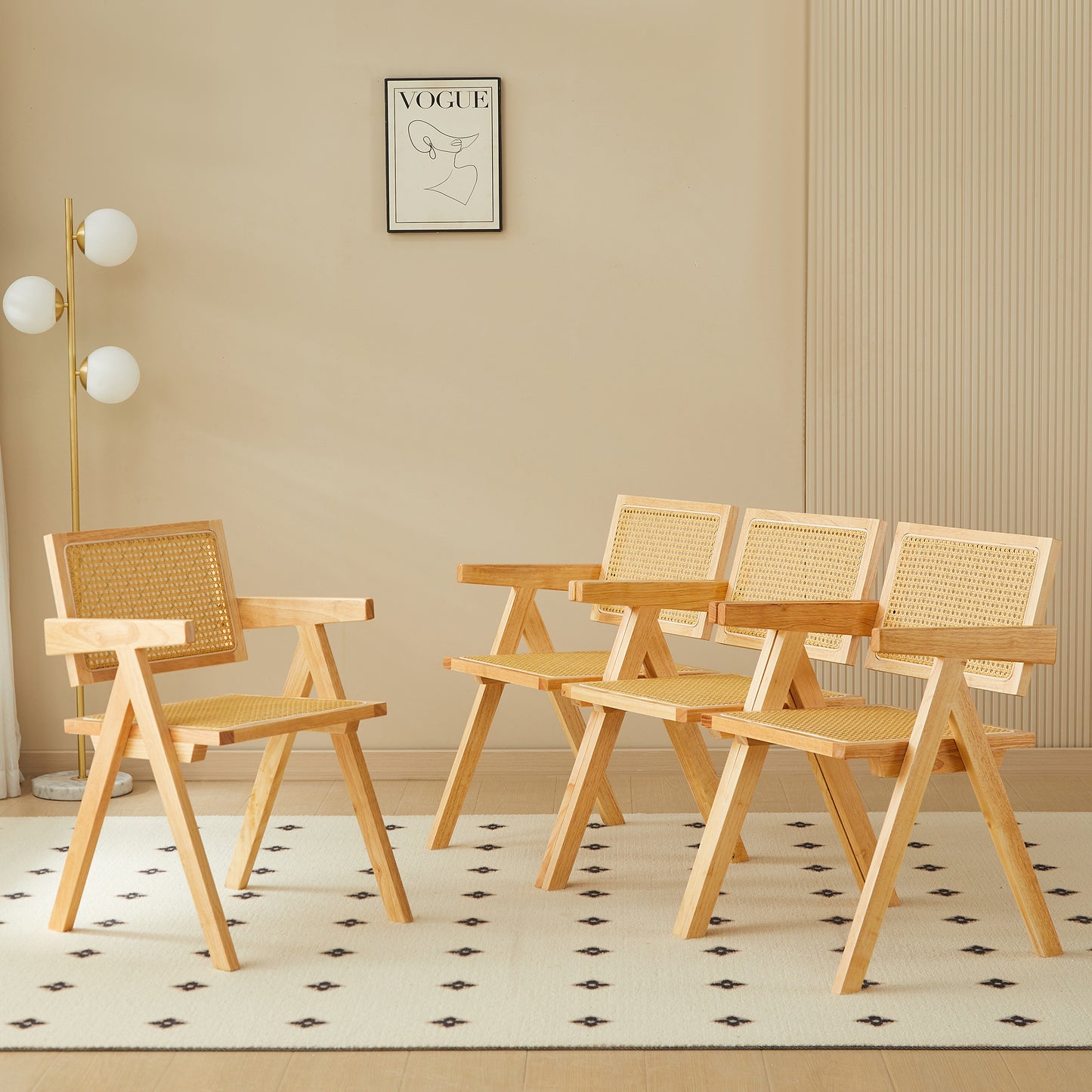 Natural wood armchair with woven rattan seat and back