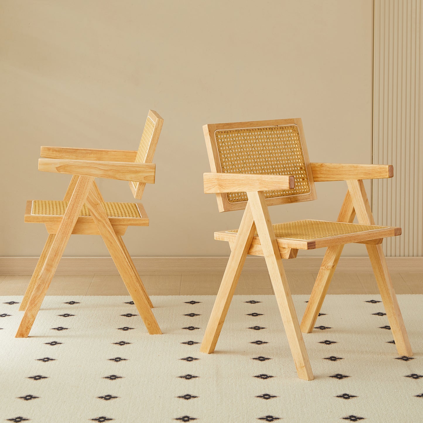 Modern natural wood and cane accent chair with angled legs