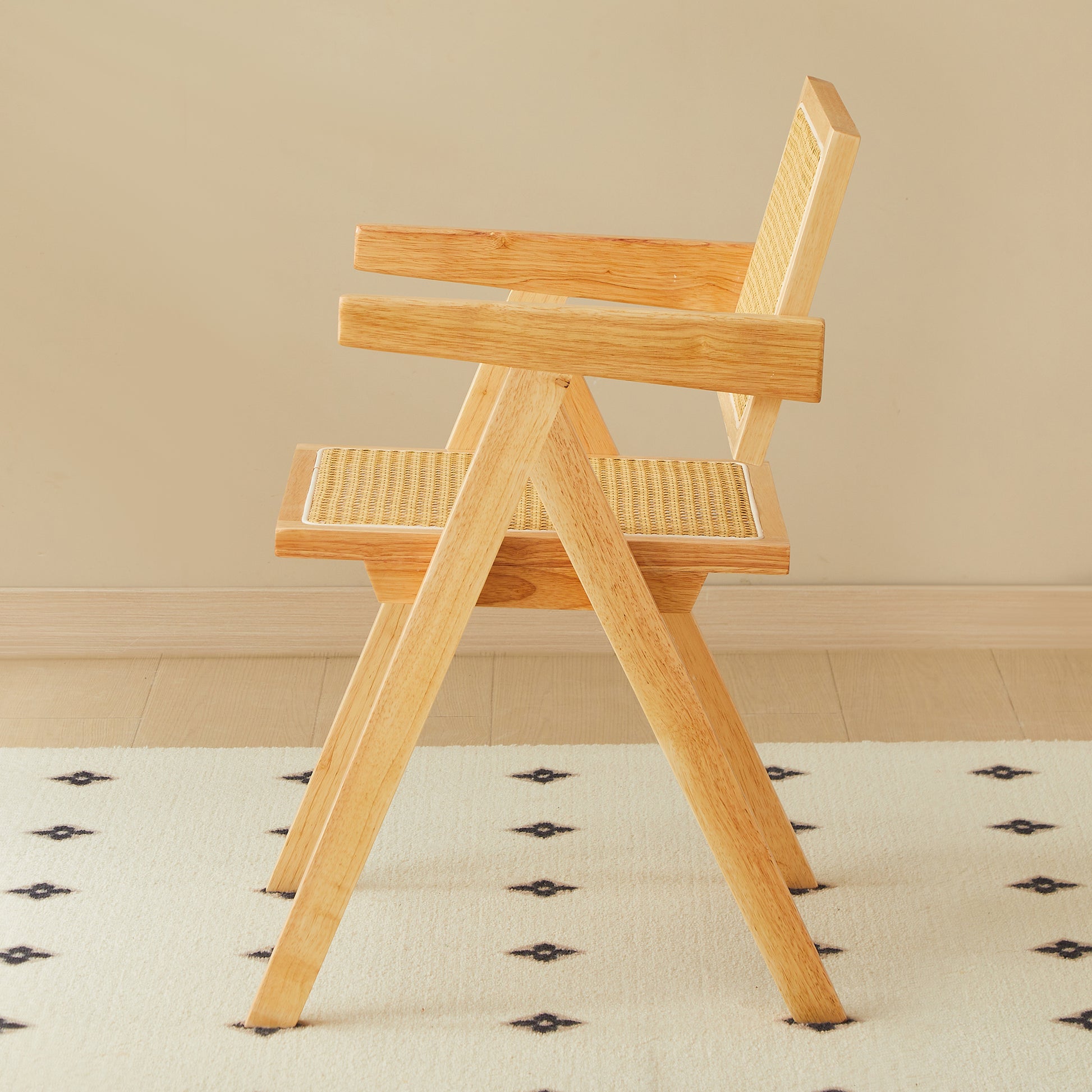 Light wood accent chair with woven cane seat and backrest