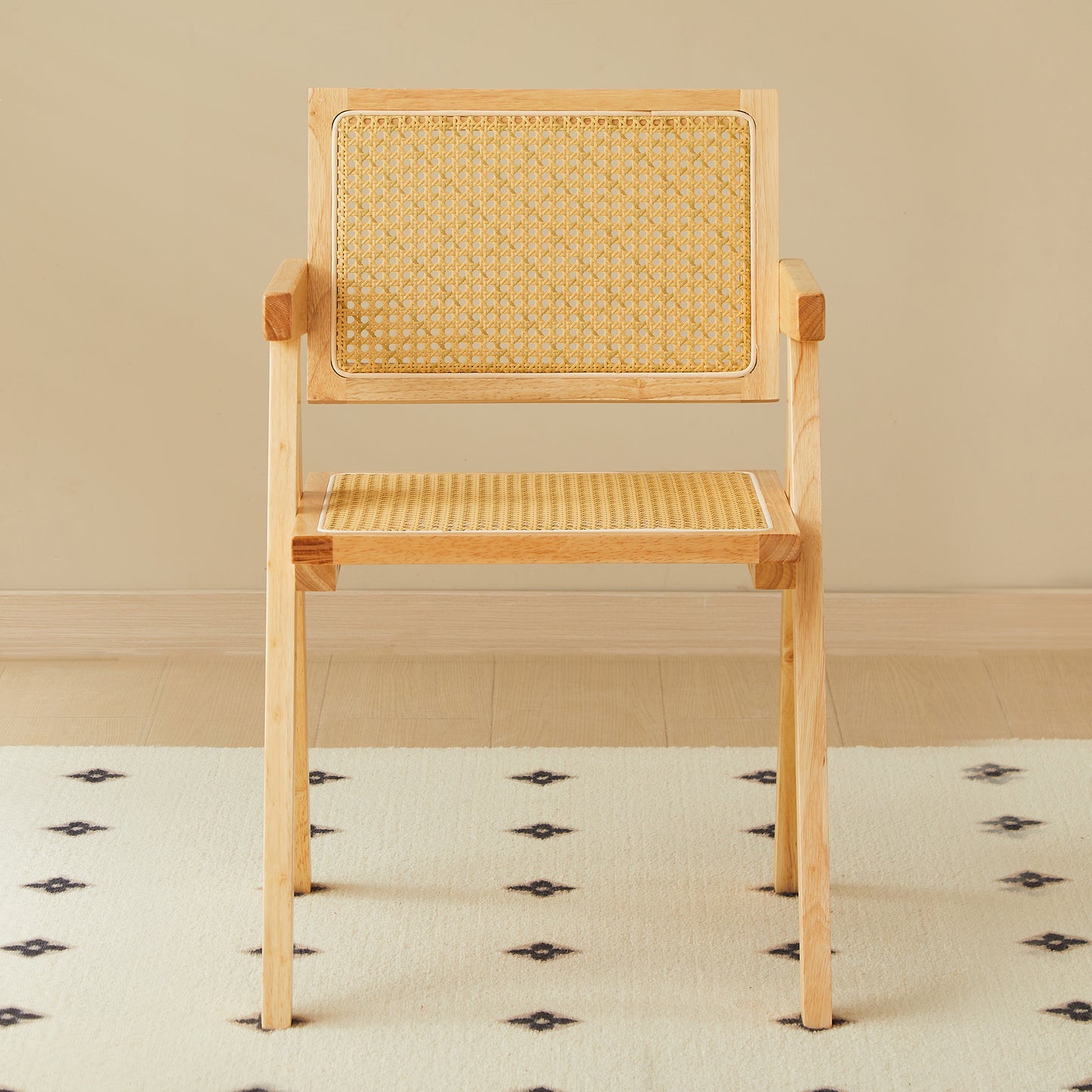 Natural wood armchair with woven cane seat and back