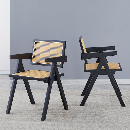 Black cane accent chair with wooden frame