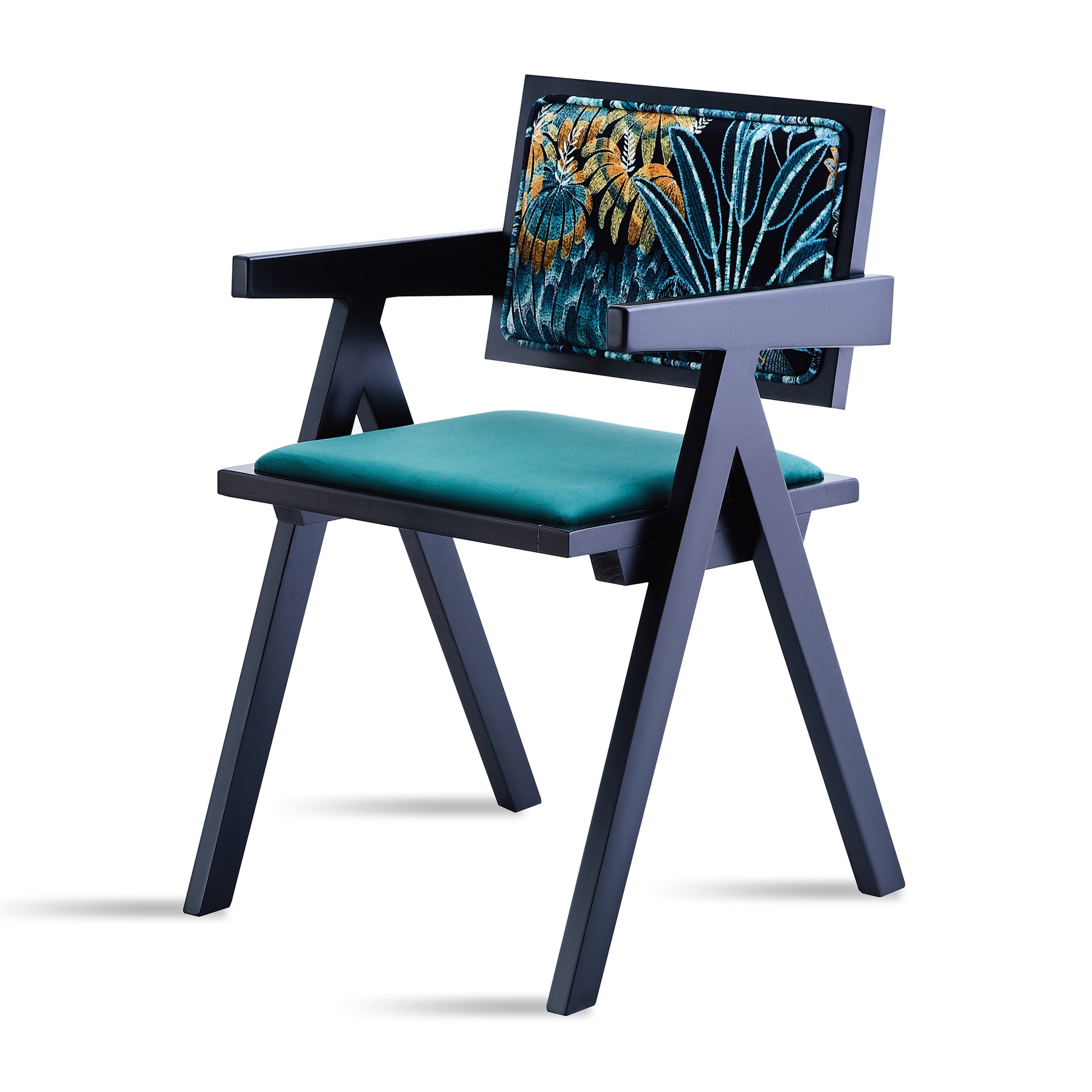 Modern accent chair with dark frame and teal seat