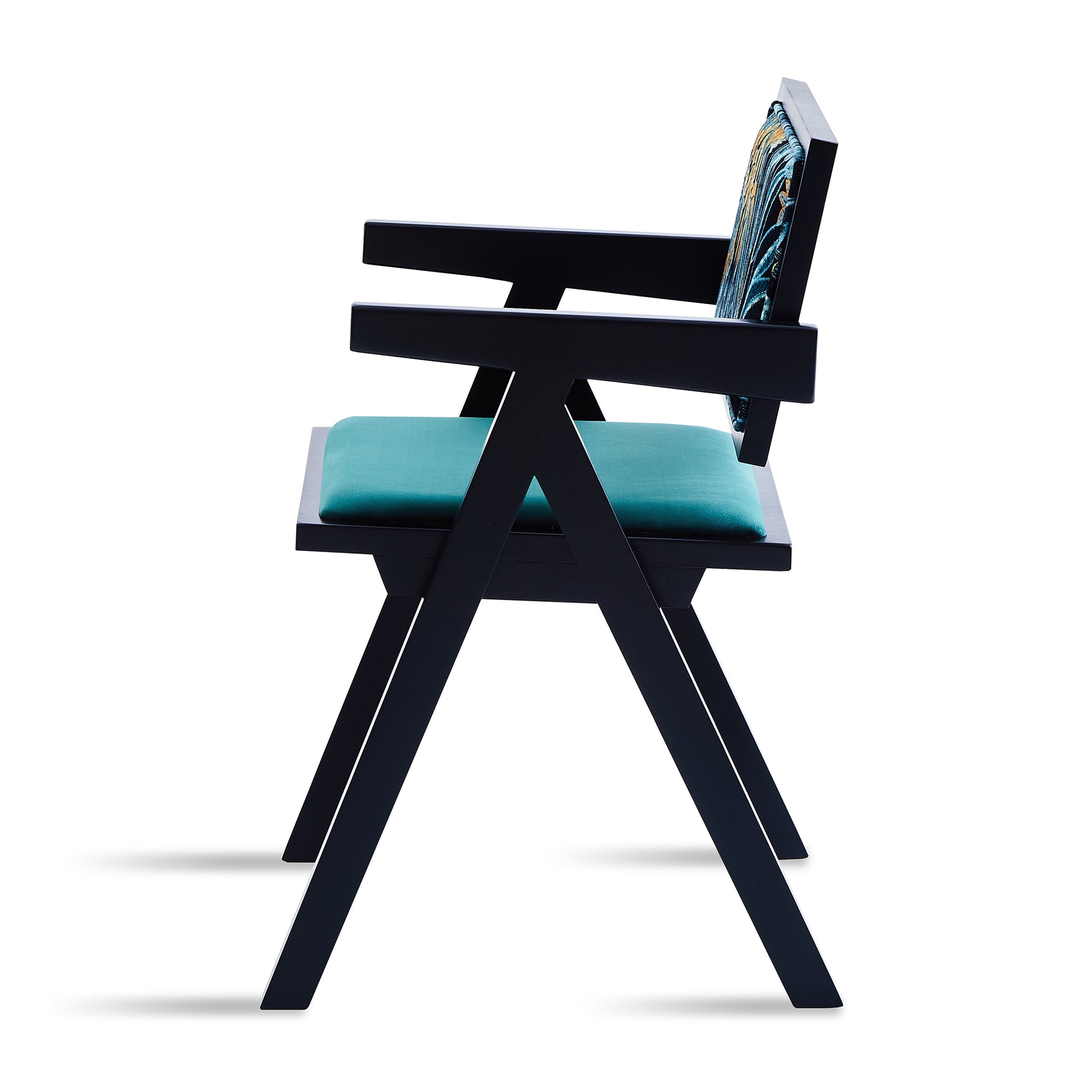 Black wooden armchair with teal seat and patterned backrest