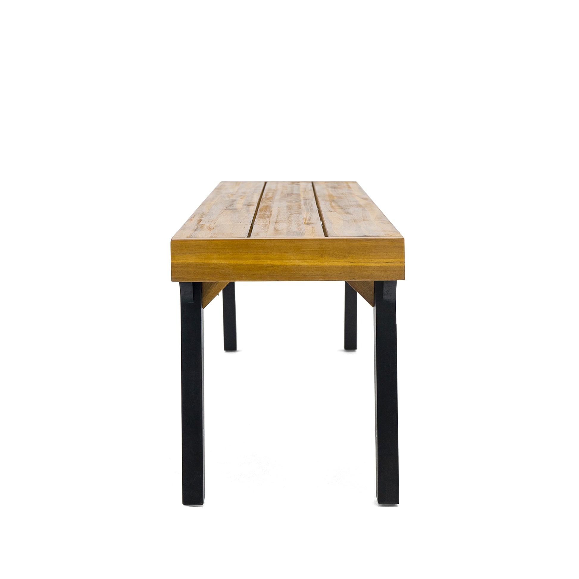 Modern wooden bench with black metal legs ideal for outdoor seating