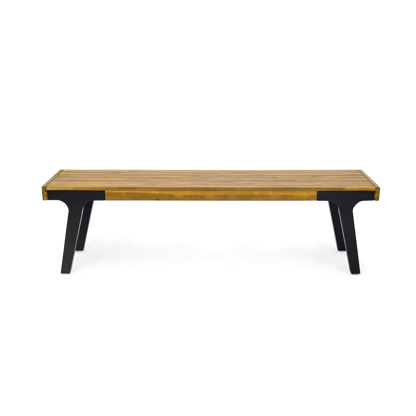 Wooden slat bench with black metal legs