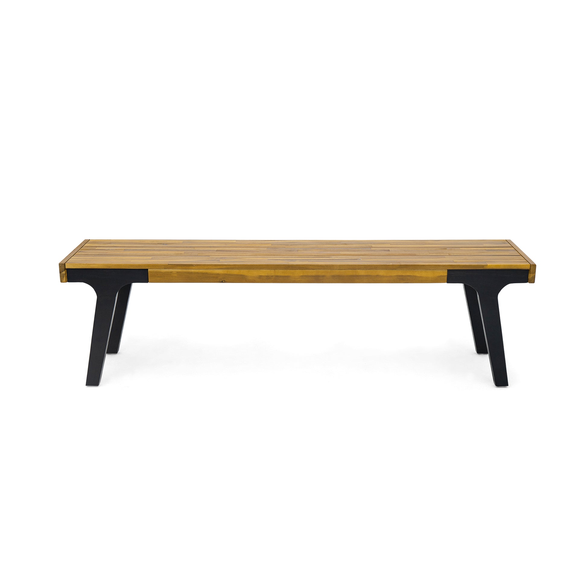 Wooden slat bench with black metal legs