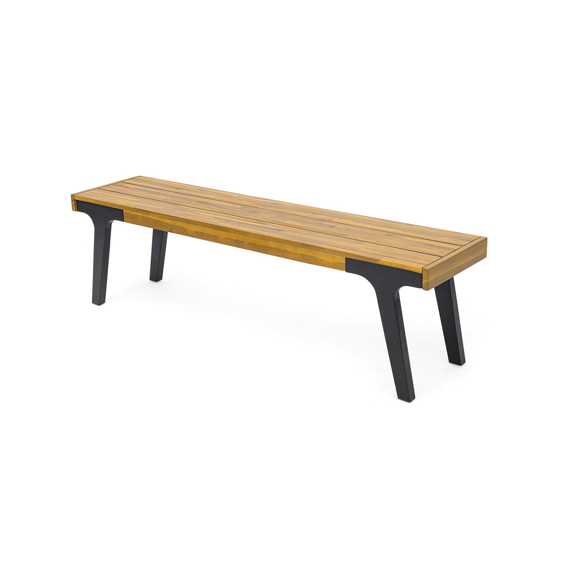 Wooden slatted garden bench with black metal legs