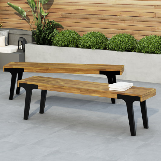Modern outdoor bench with natural wood slats and black metal legs