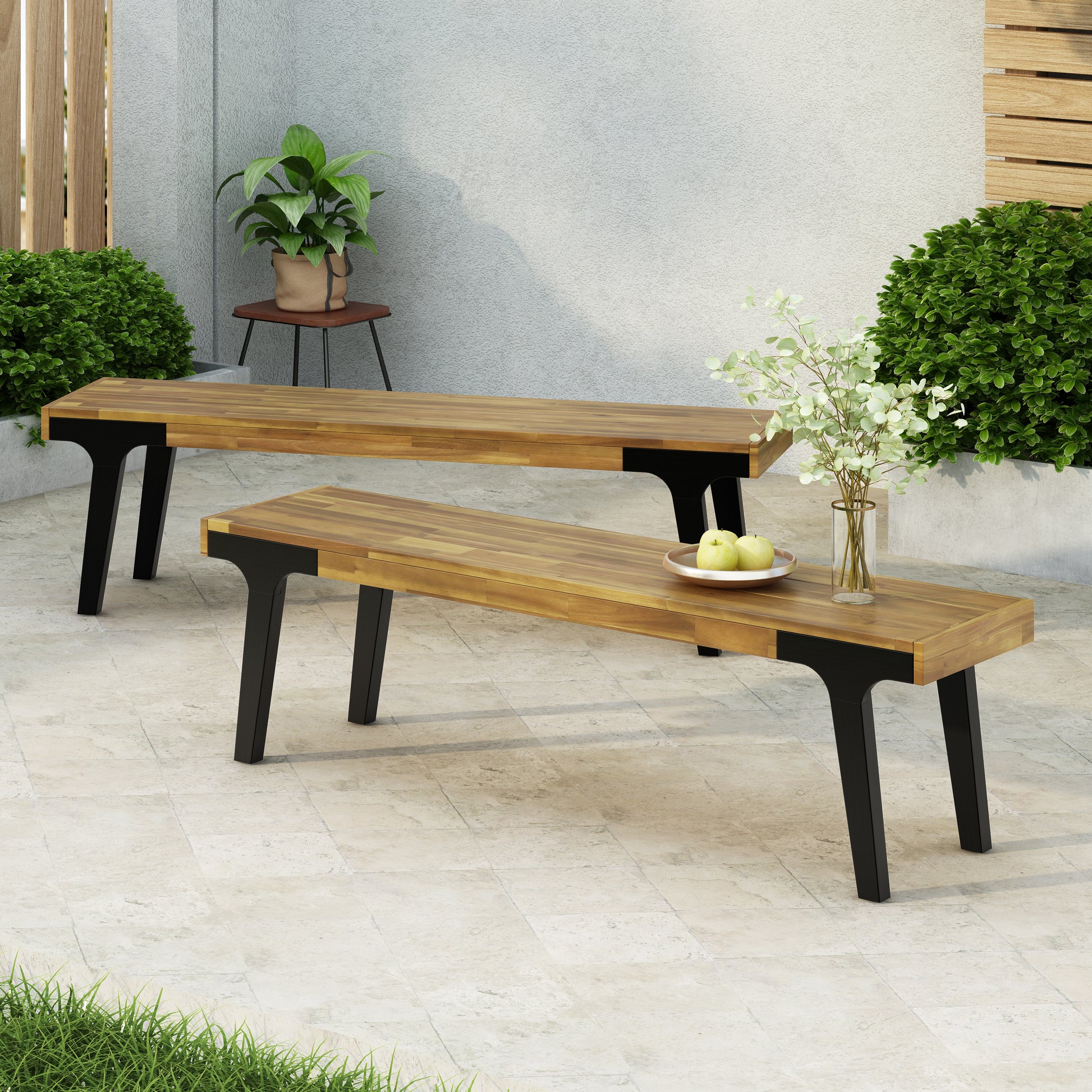 Acacia wood outdoor bench with black metal legs
