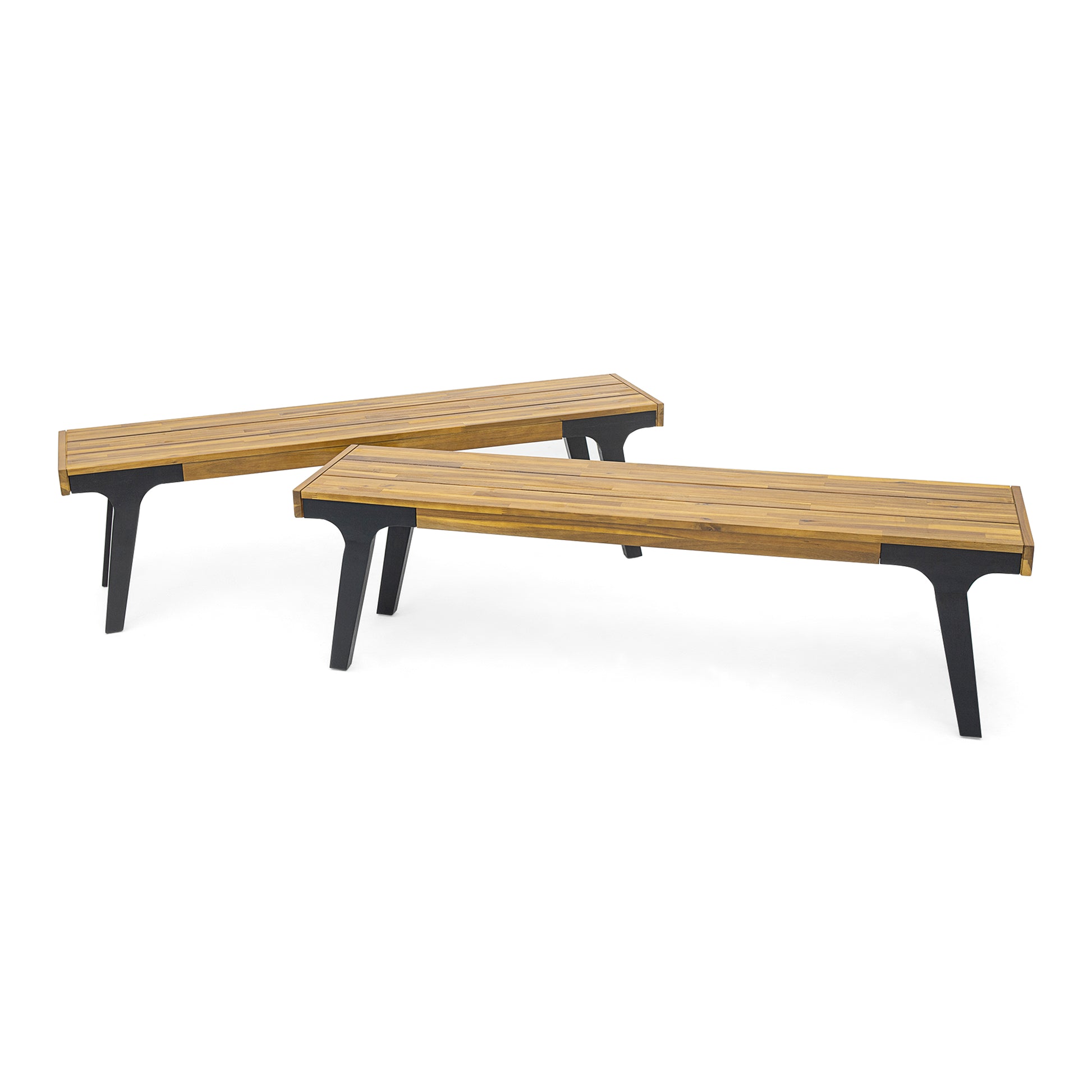 Two wooden slatted benches with black metal legs