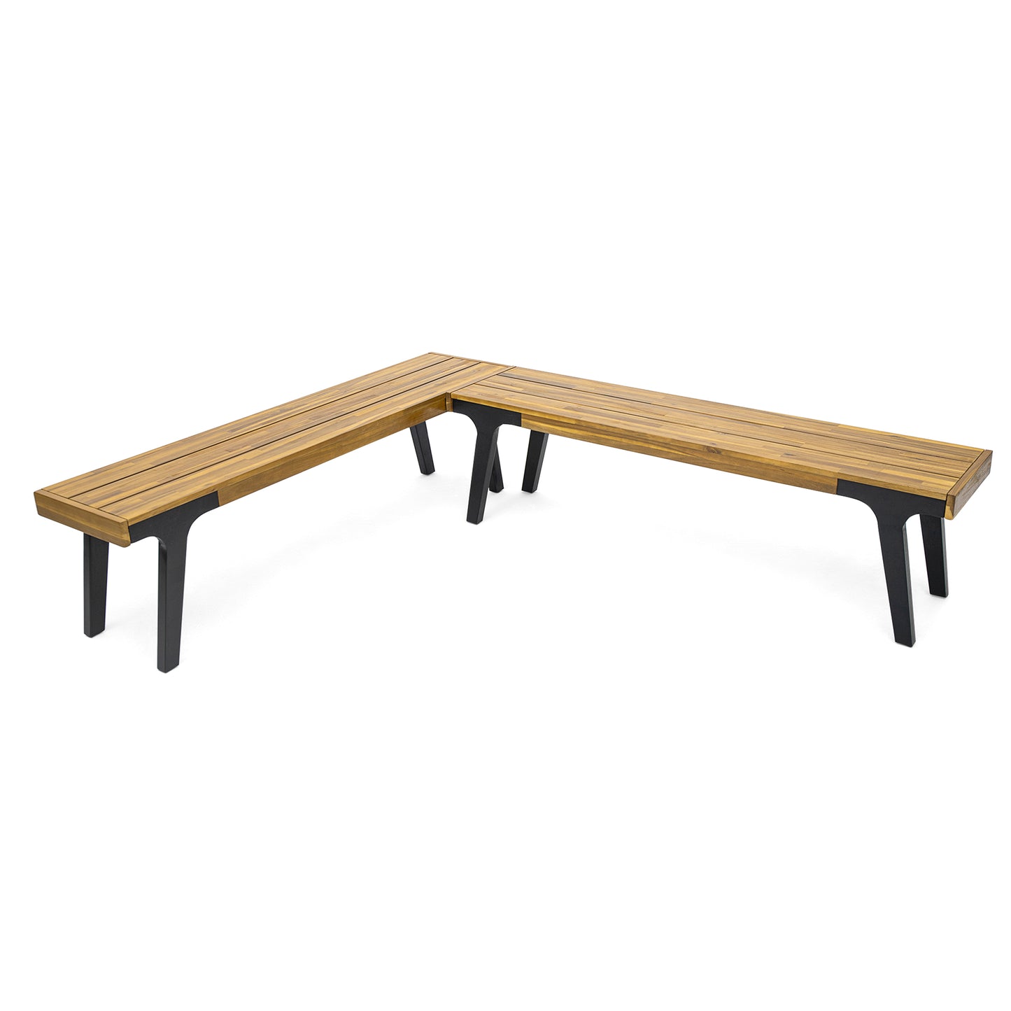 Modular Lshaped outdoor bench with slatted acacia wood seat and black metal legs