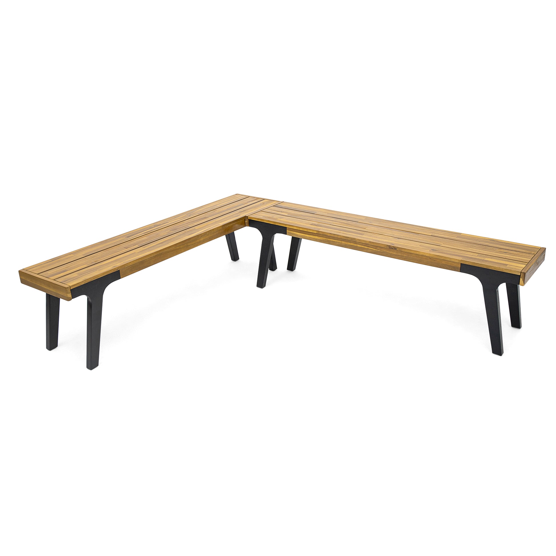 Modular Lshaped outdoor bench with slatted acacia wood seat and black metal legs
