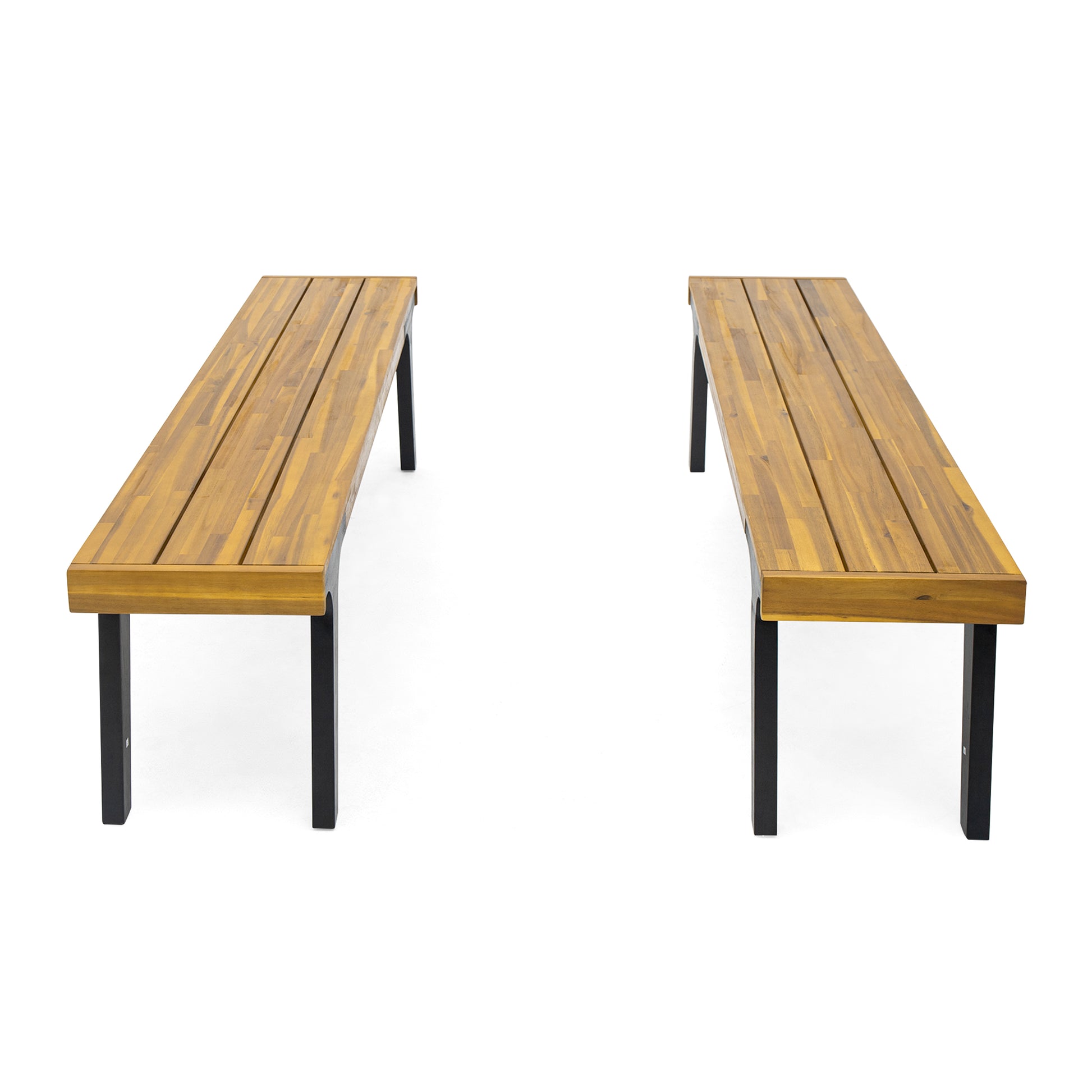 Two wooden slatted benches with black metal legs