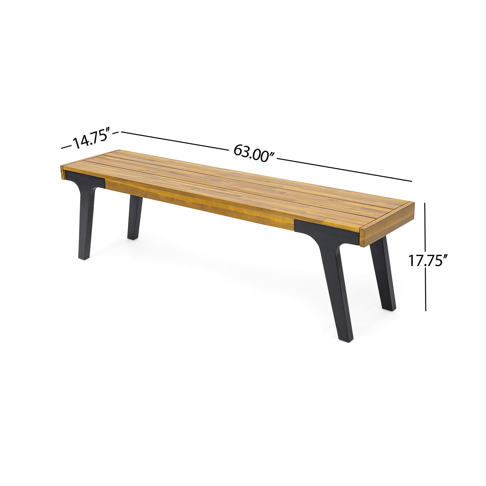 Modern slatted acacia wood bench with black metal legs  inches long for outdoor seating