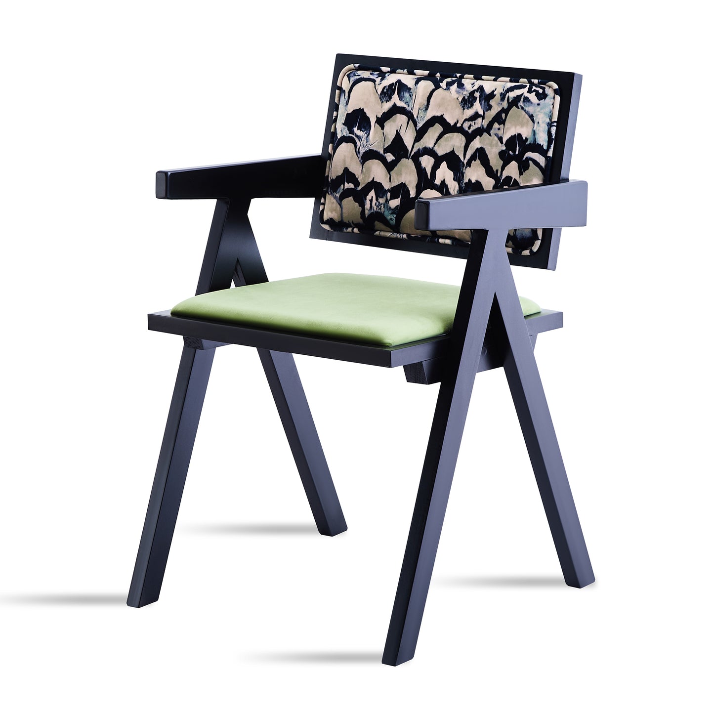 Modern black armchair with light green seat and abstract patterned backrest
