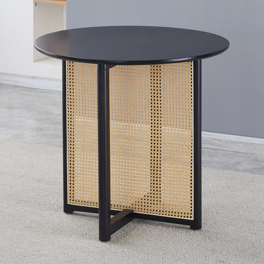 Black round cane accent table with metal legs