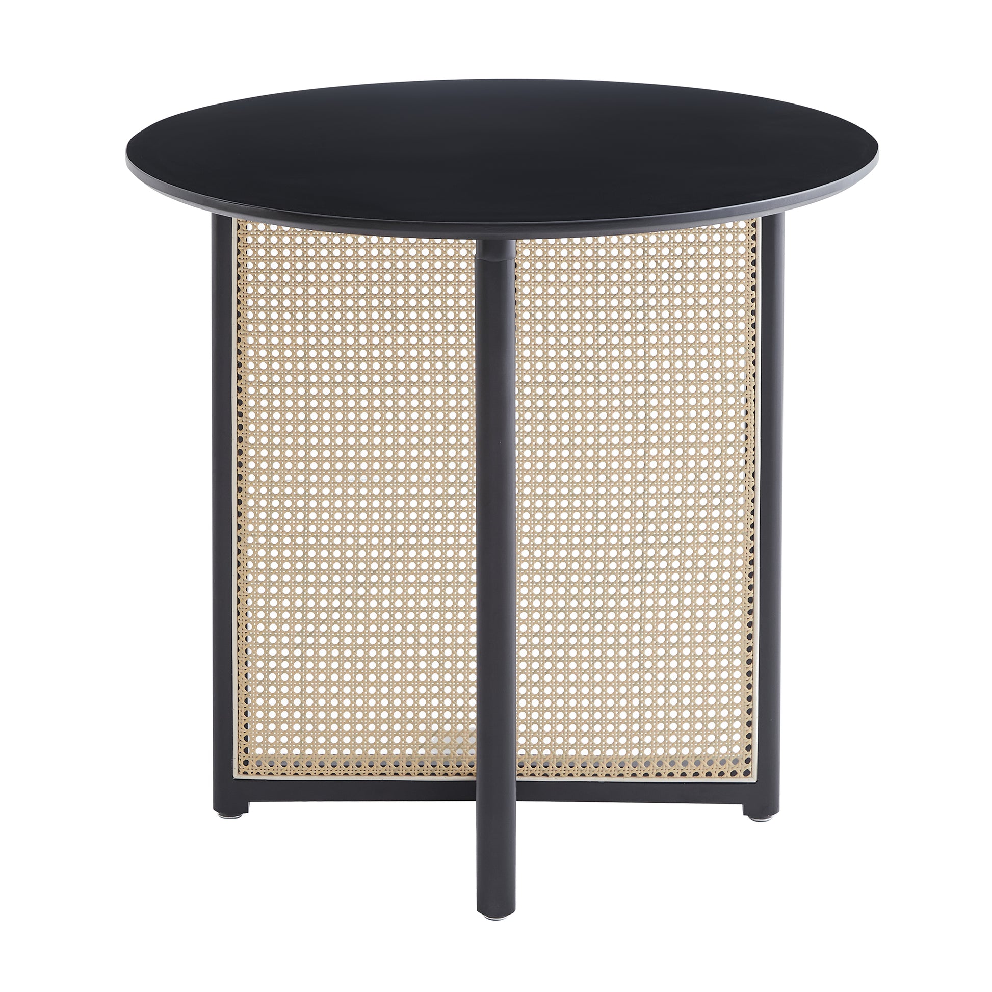 Black round side table with woven cane panel base and metal legs