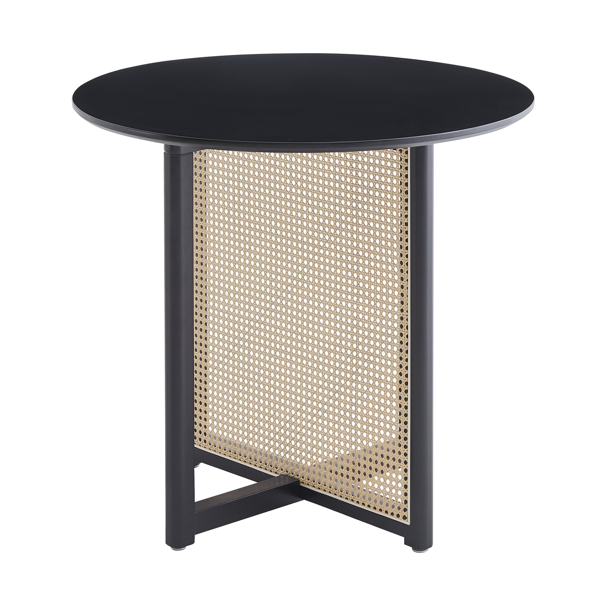 Round black wood dining table with rattan cane paneling and dark metal legs