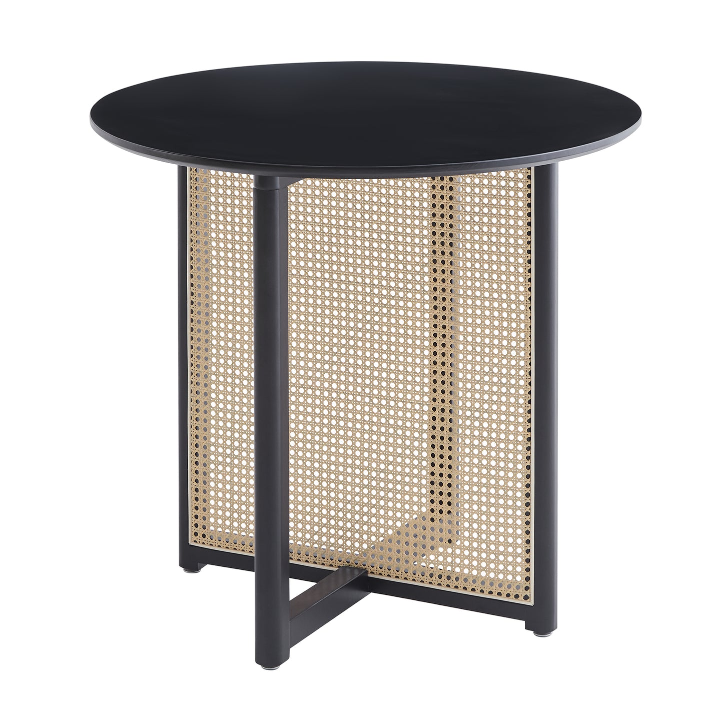 Black round bistro table with canestyle paneling