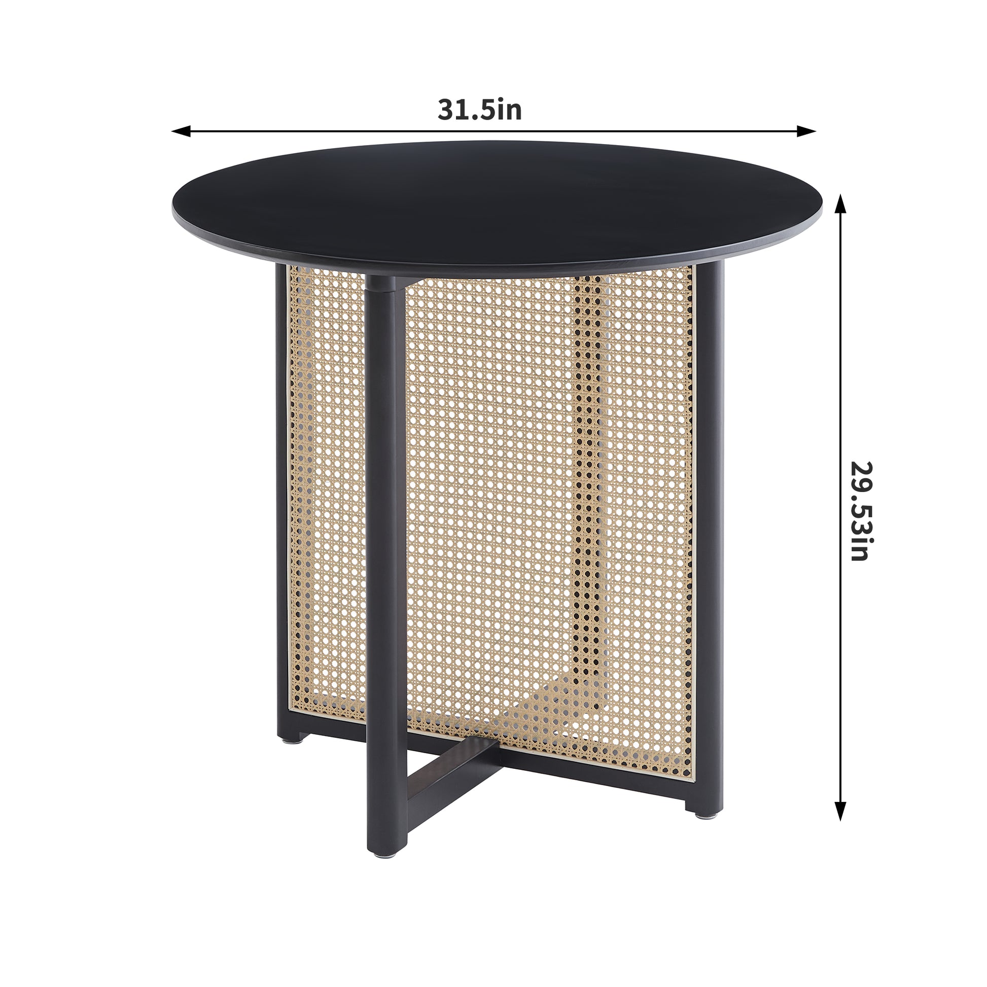 Black round wood coffee table with rattan cane base