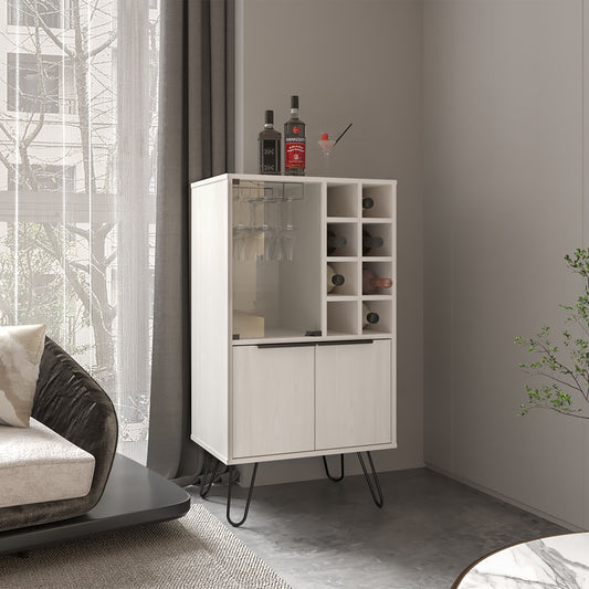 Modern white bar cabinet with wine rack and glass holder