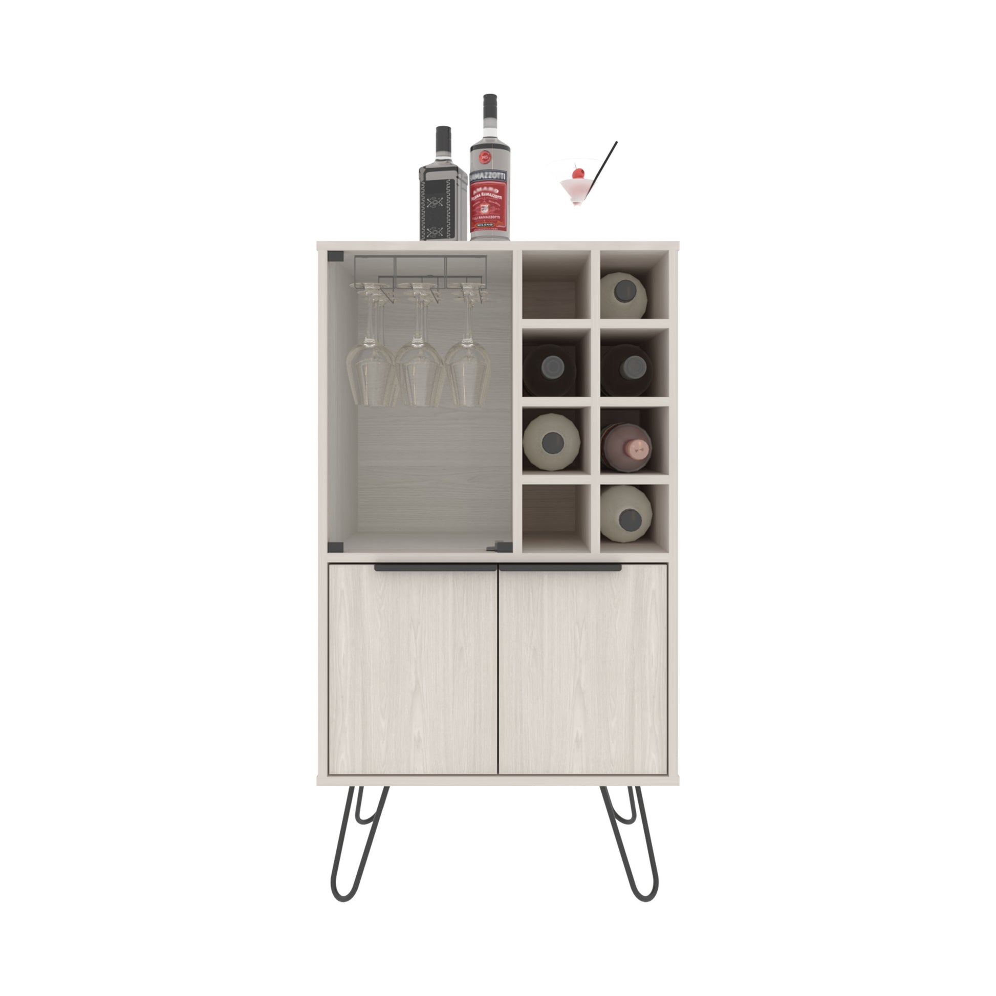 Modern light wood bar cabinet with glass holders and bottle cubbies