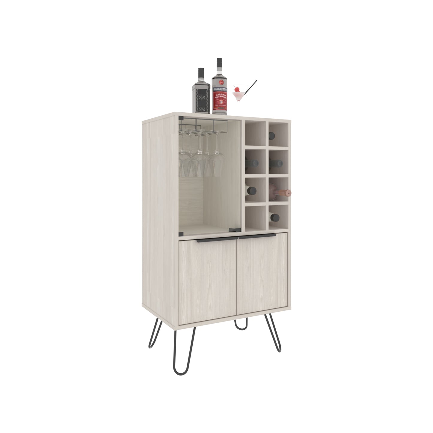 Light wood bar cabinet with wine rack and glass holder