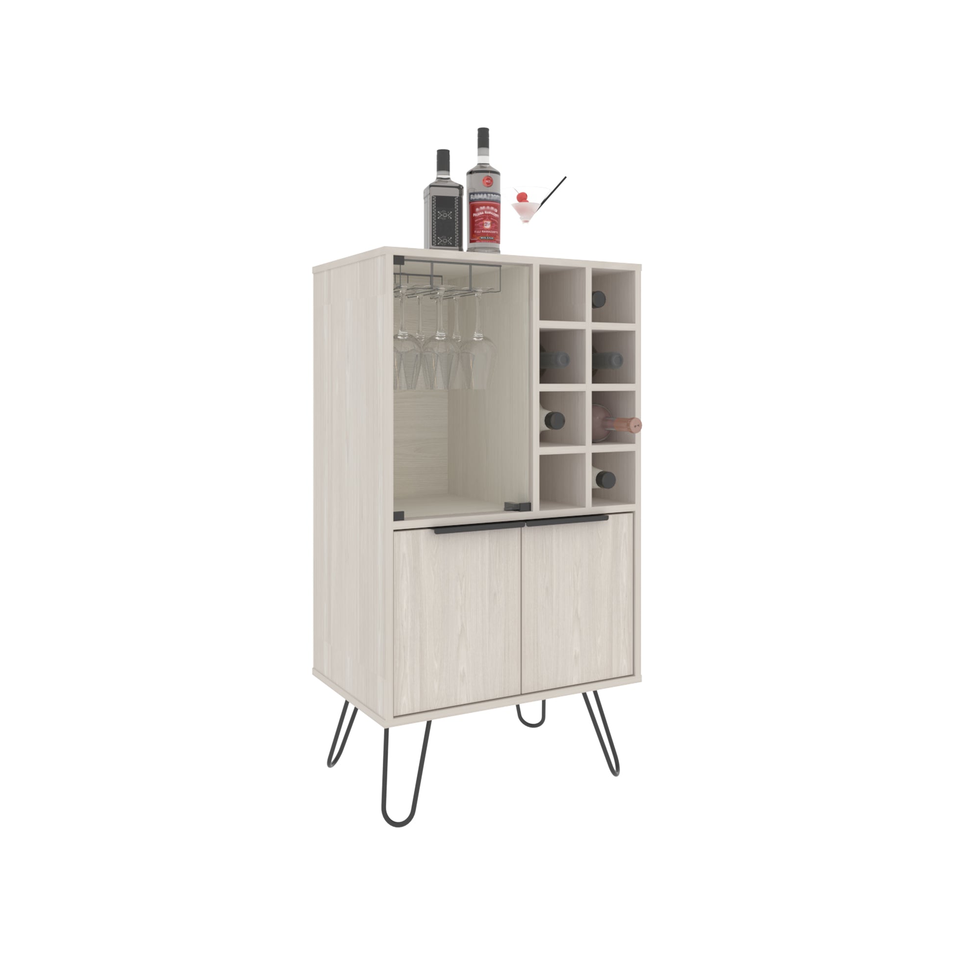 Light wood bar cabinet with wine rack and glass holder