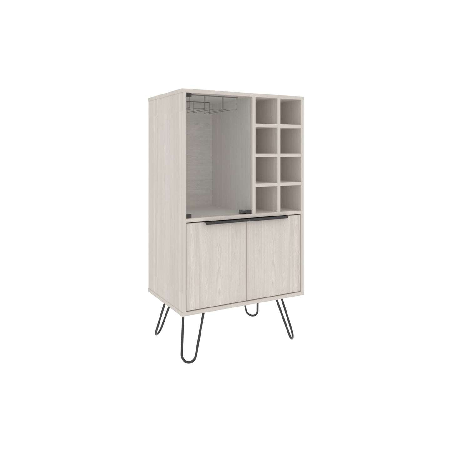 Light oak wine cabinet with glass doors and  bottle cubbies