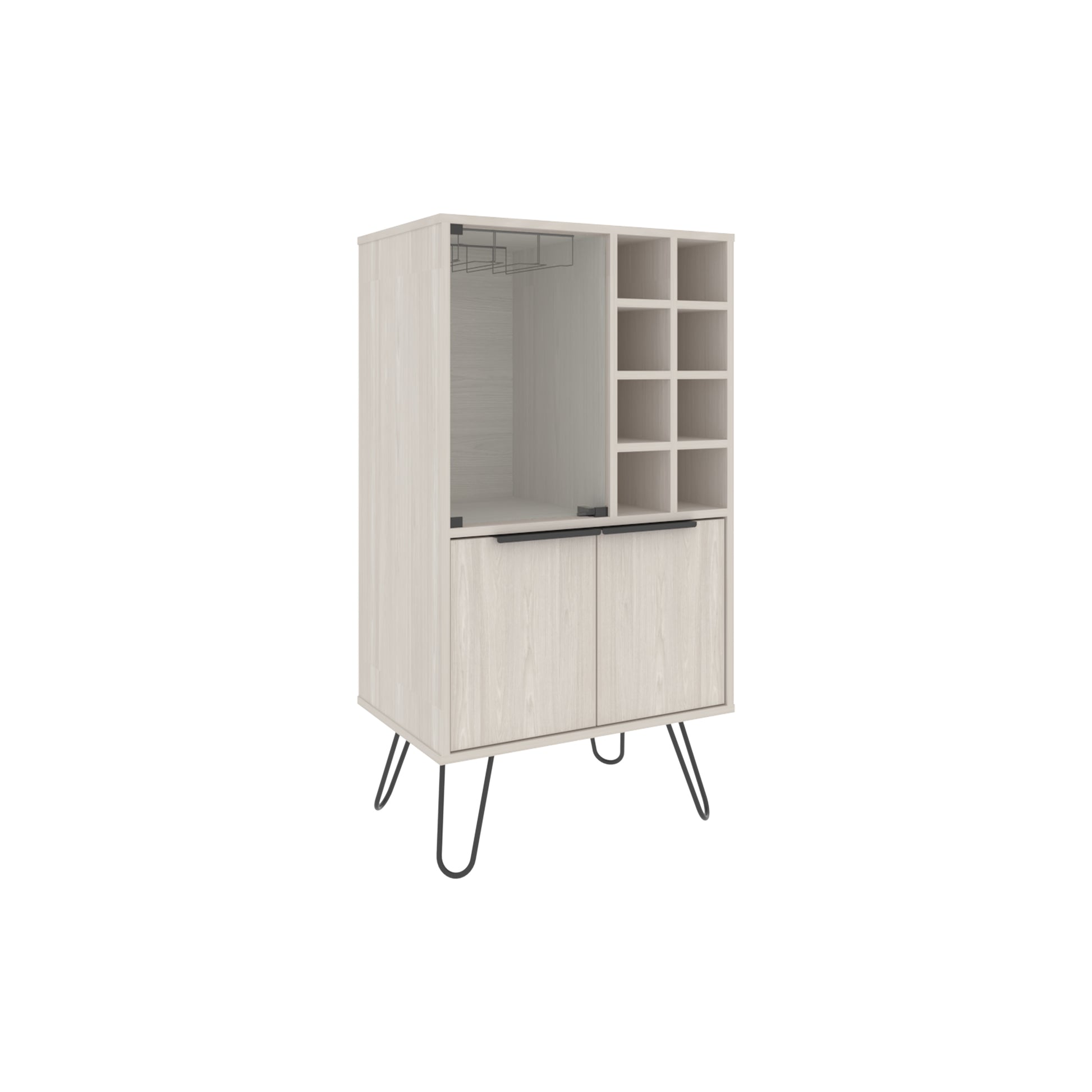 Light oak wine cabinet with glass doors and  bottle cubbies