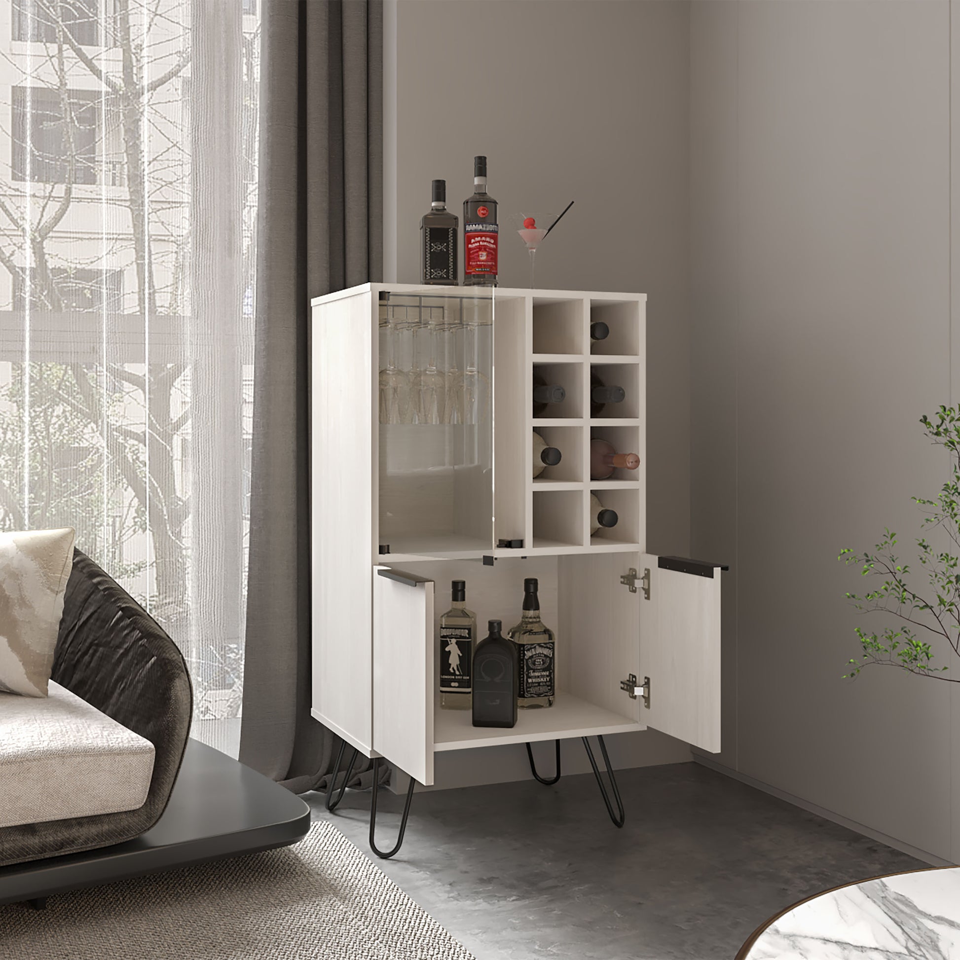White modern bar cabinet with wine rack and glass storage