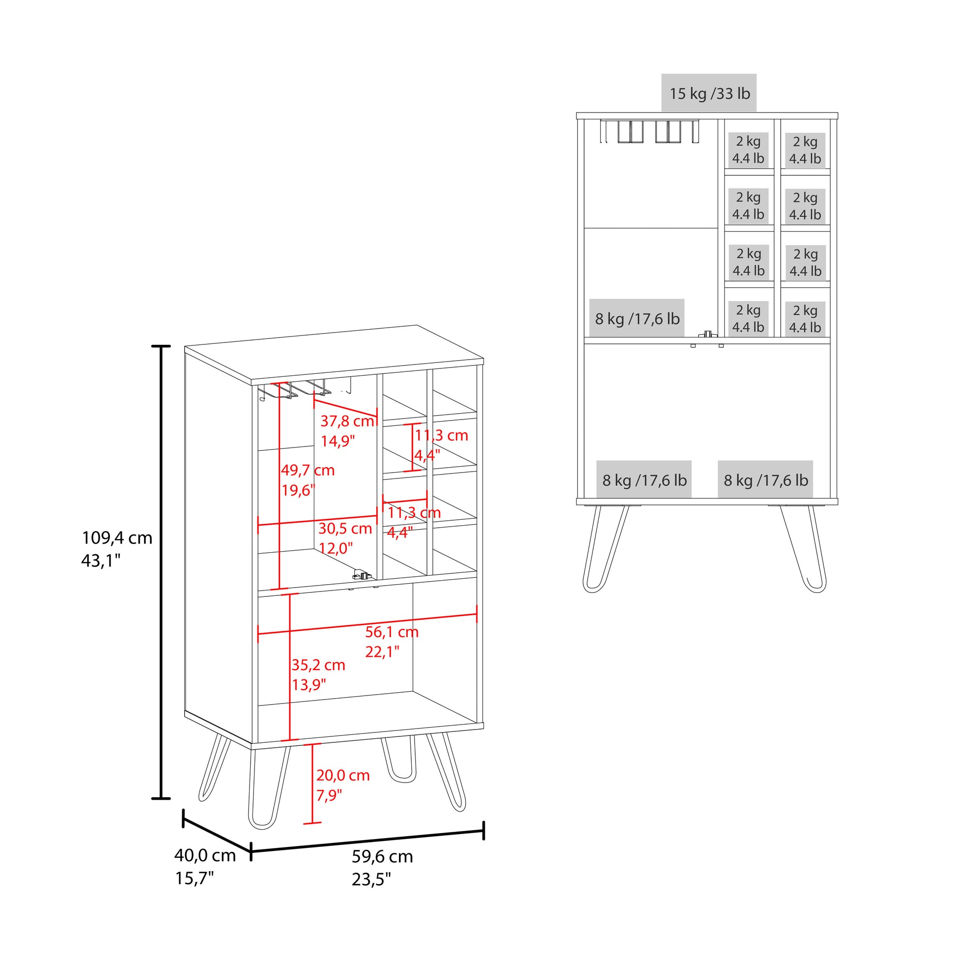 Line drawing of bar cabinet dimensions