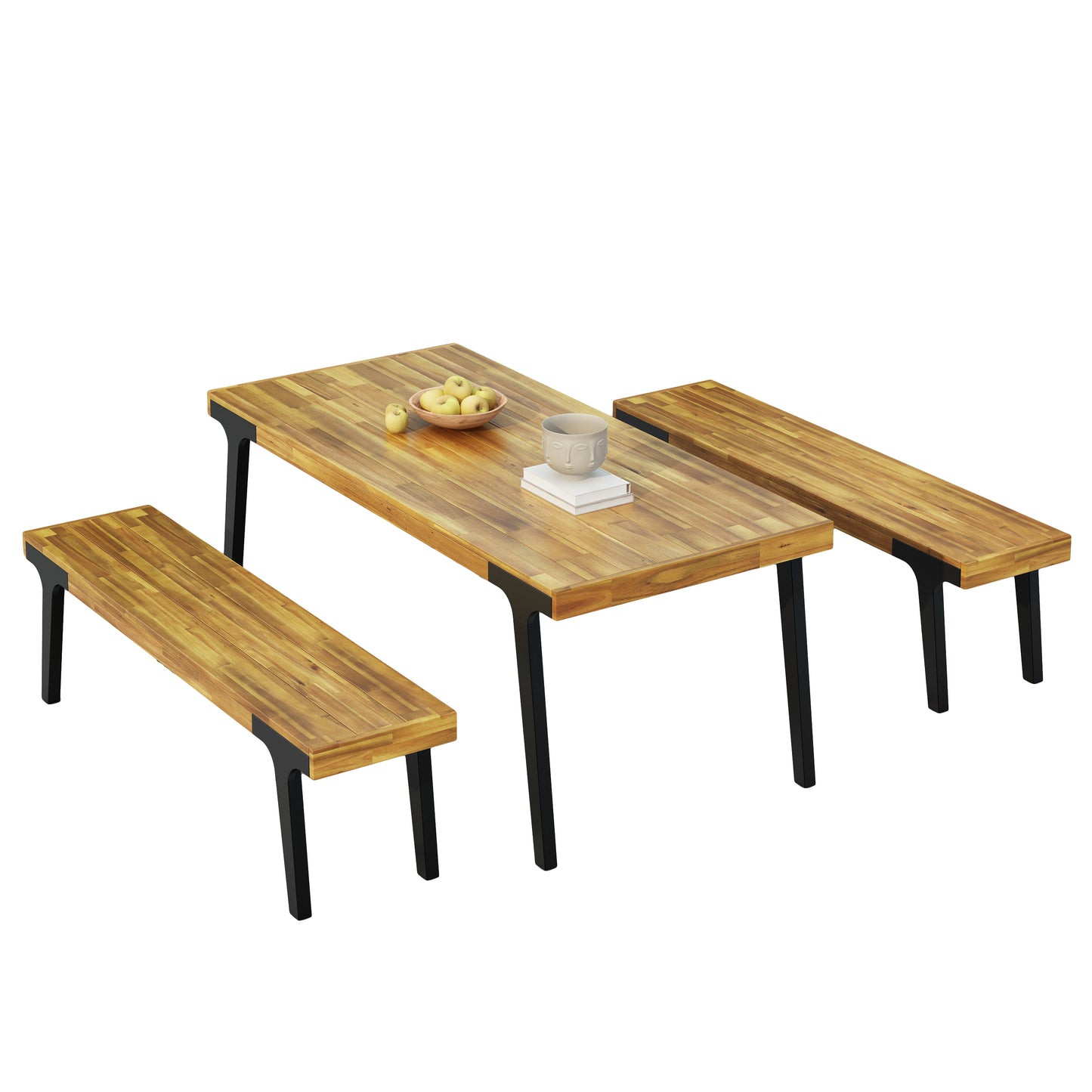 Acacia wood dining table with black metal legs and matching benches