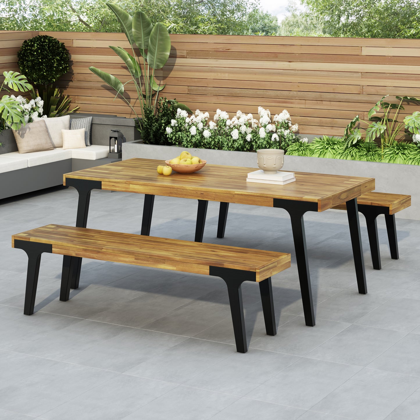 Acacia wood and black metal outdoor dining table set with two benches