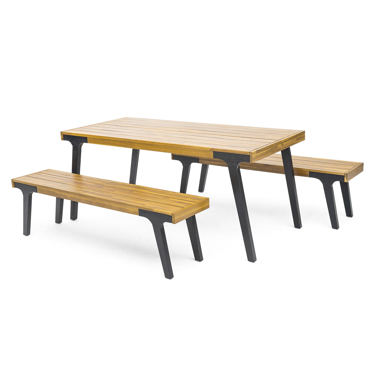 Wooden picnic table with black metal legs and matching benches