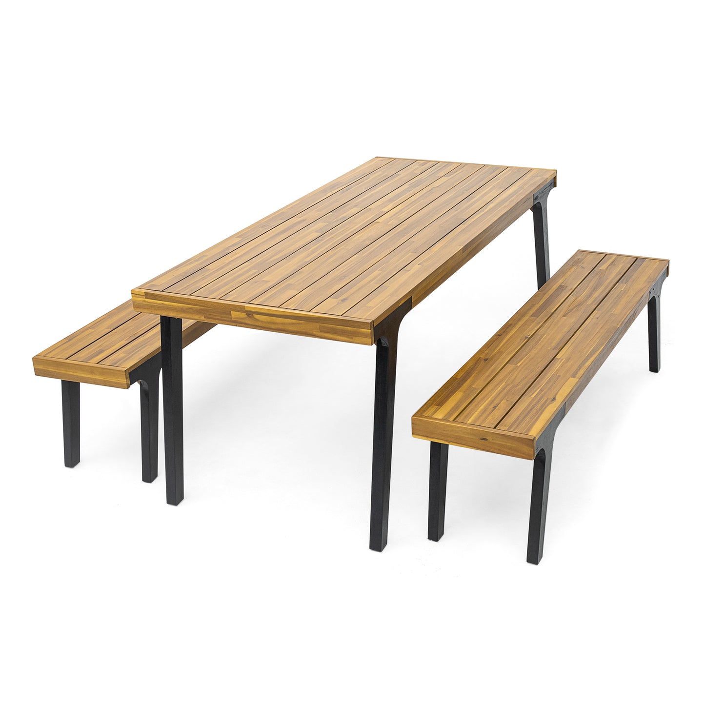 Outdoor acacia wood picnic table with black metal legs and two benches