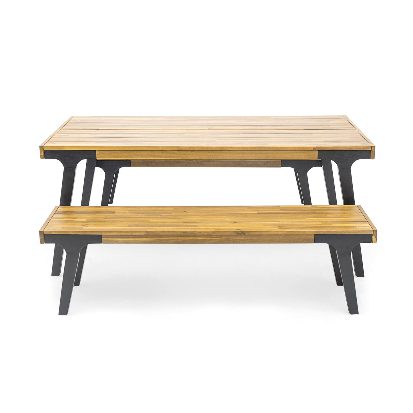 Modern outdoor acacia wood picnic table with black metal legs