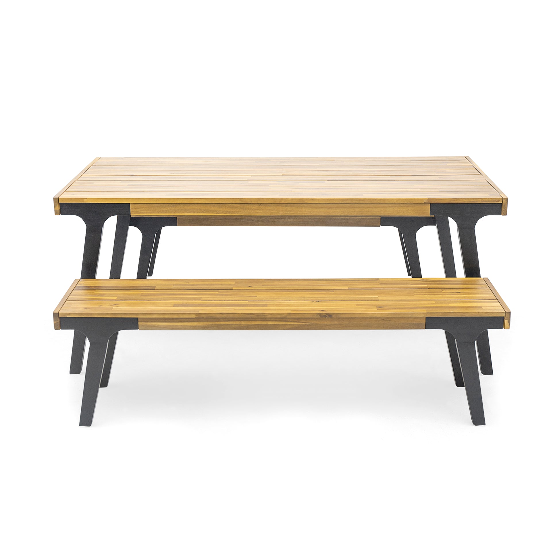 Modern outdoor acacia wood picnic table with black metal legs