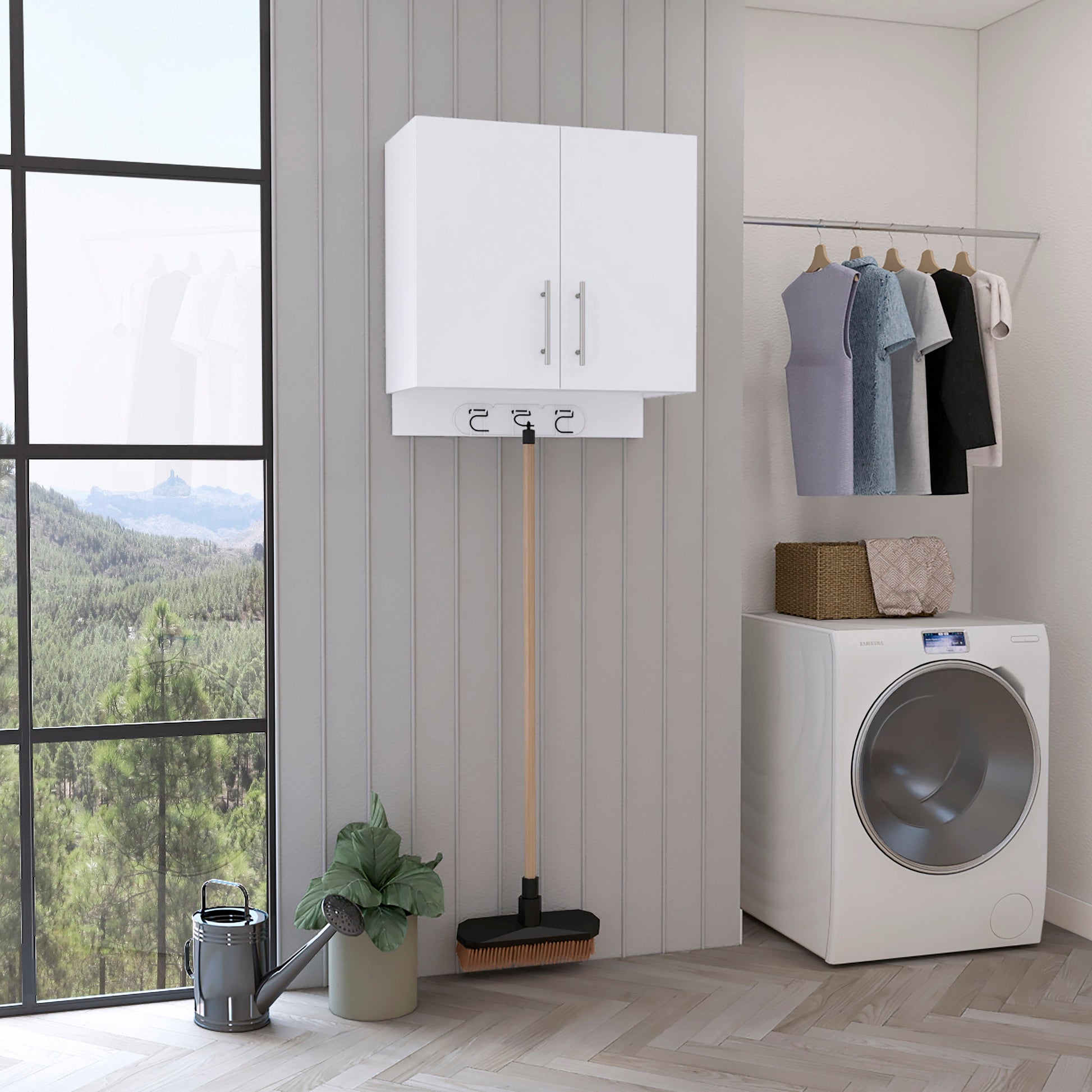 White modern laundry room cabinet with triple tool hooks