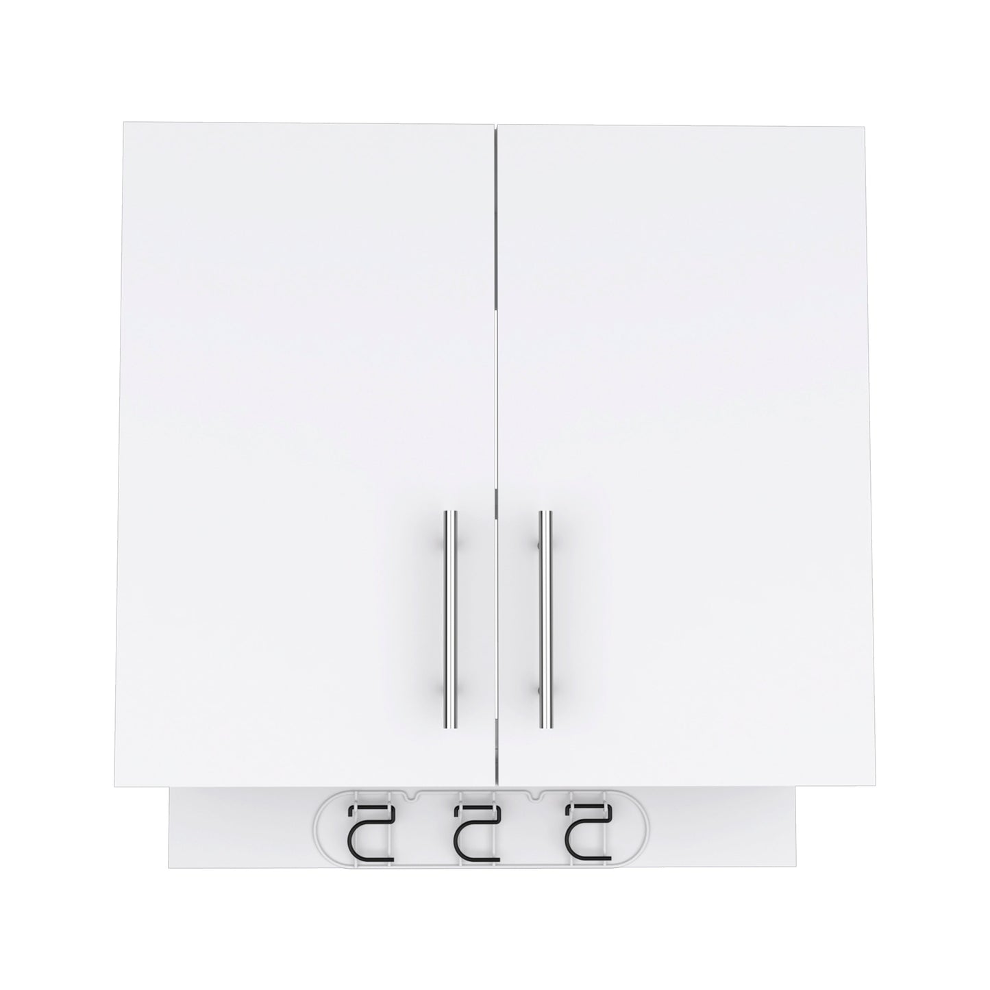 White modern wall cabinet with dual chrome handles and integrated cable management hooks